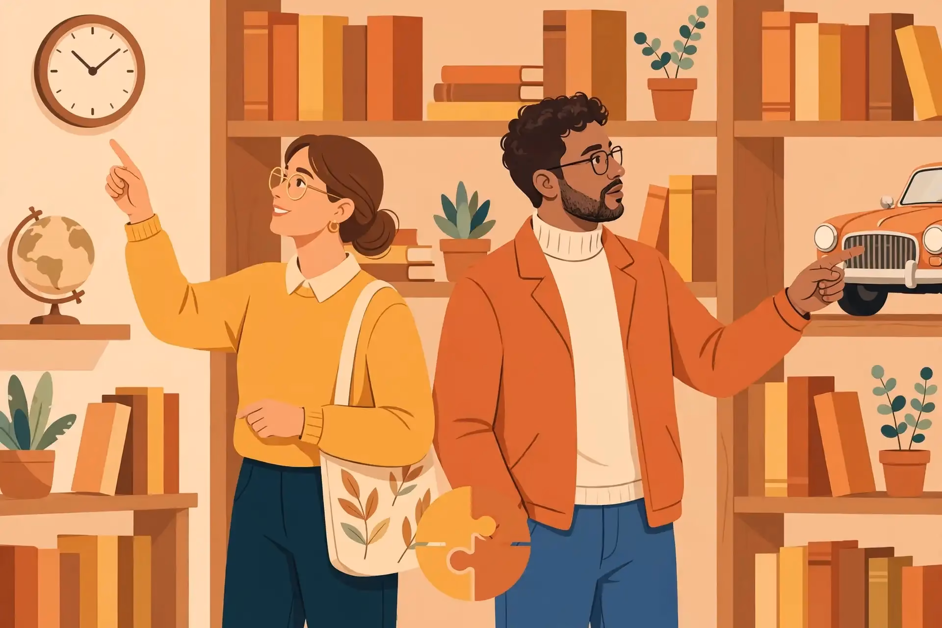 Ilustración de dos personas que describen el mismo hecho desde ángulos distintos, uno señala un reloj y otro un coche, ejemplo de información complementaria en la Biblia