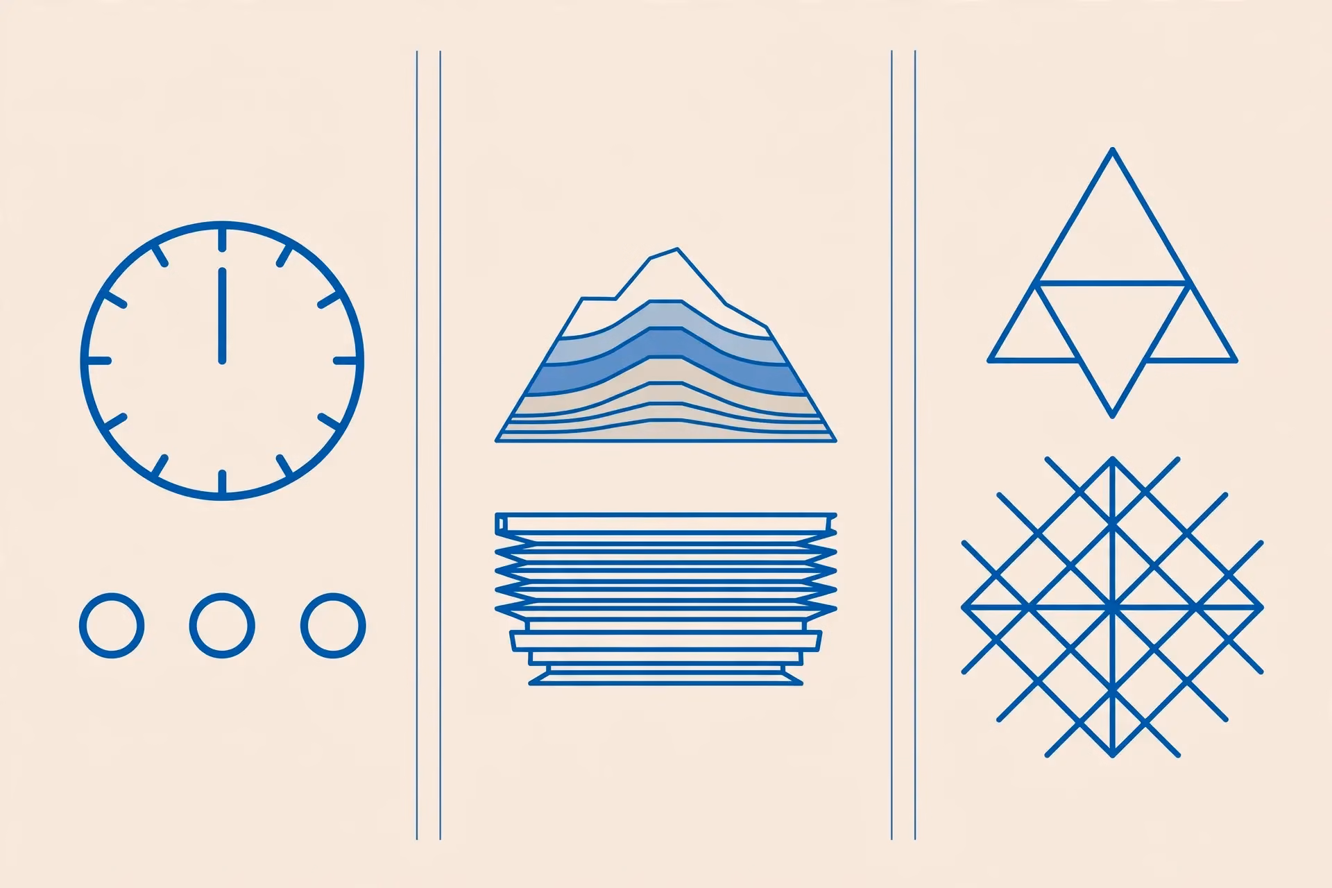 Iconos minimalistas que comparan tres interpretaciones cristianas de los días de la creación: días literales de 24 horas, periodos prolongados y marco literario teológico