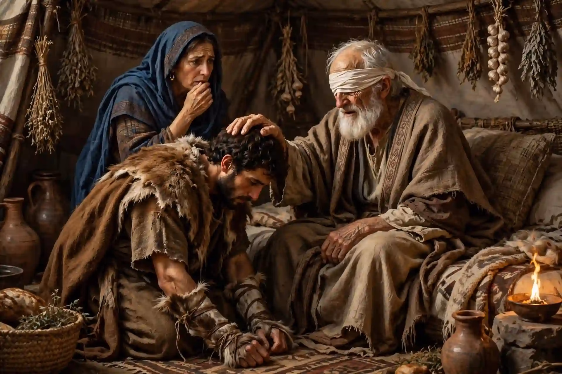 Isaac anciano y ciego bendiciendo a Jacob vestido con las ropas de Esaú y pieles de cabrito en las manos, Génesis 27