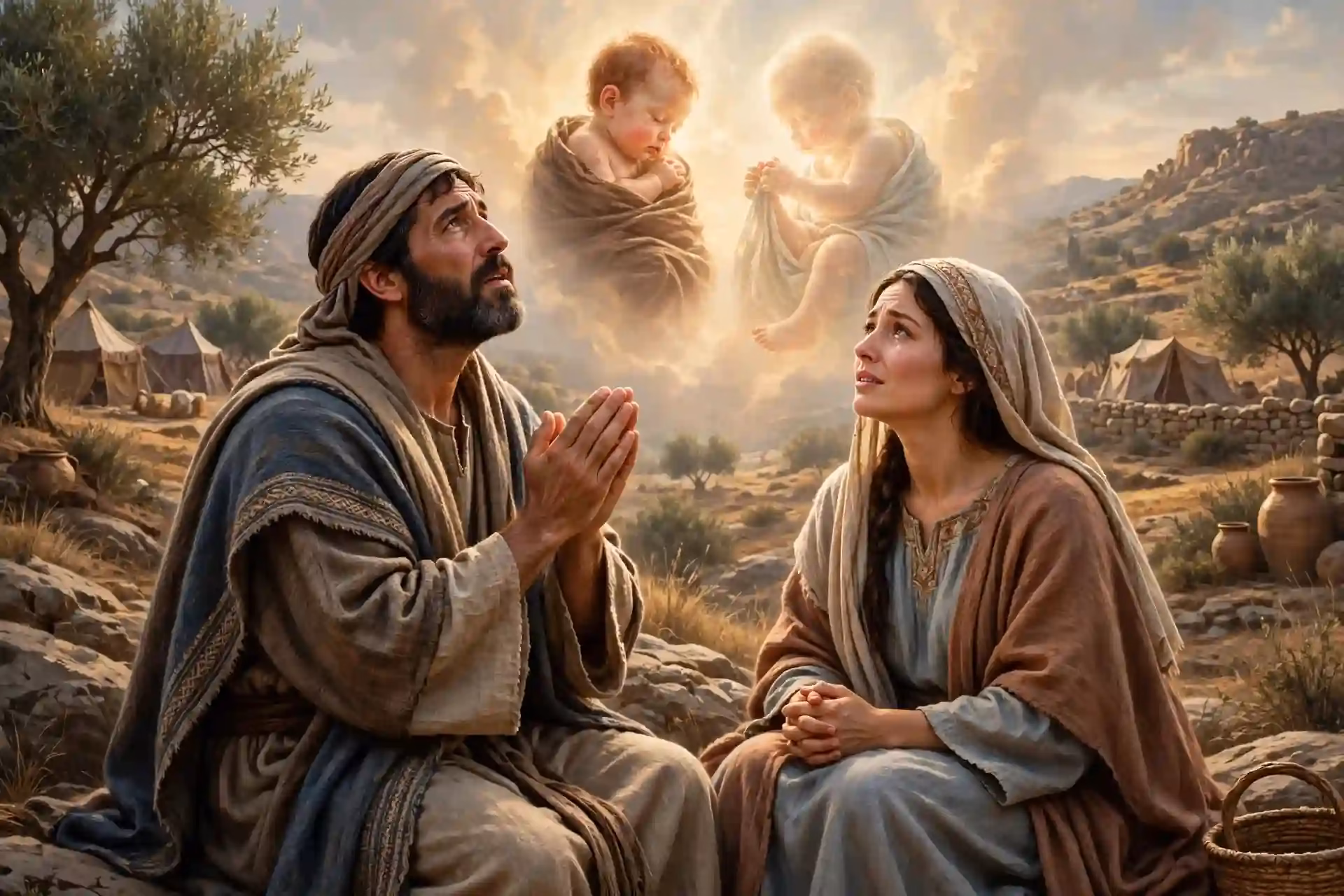 Isaac orando por Rebeca estéril en Canaán, Dios responde y concibe a los gemelos Esaú y Jacob
