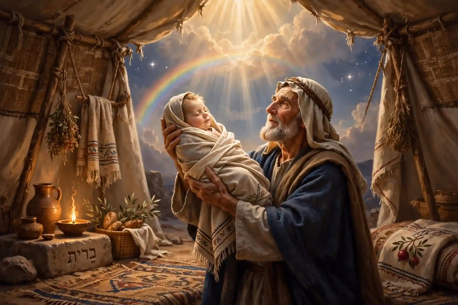 Abraham levanta al bebé Isaac en bendición presentándolo ante Dios como señal del pacto, luz divina y arco iris