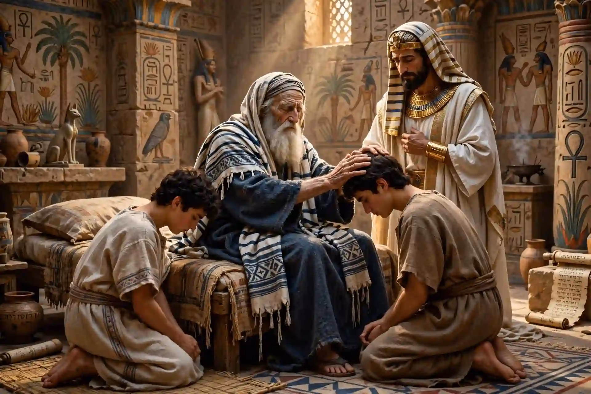 Jacob anciano de 147 años en Egipto bendiciendo a sus nietos Efraín y Manasés junto a José