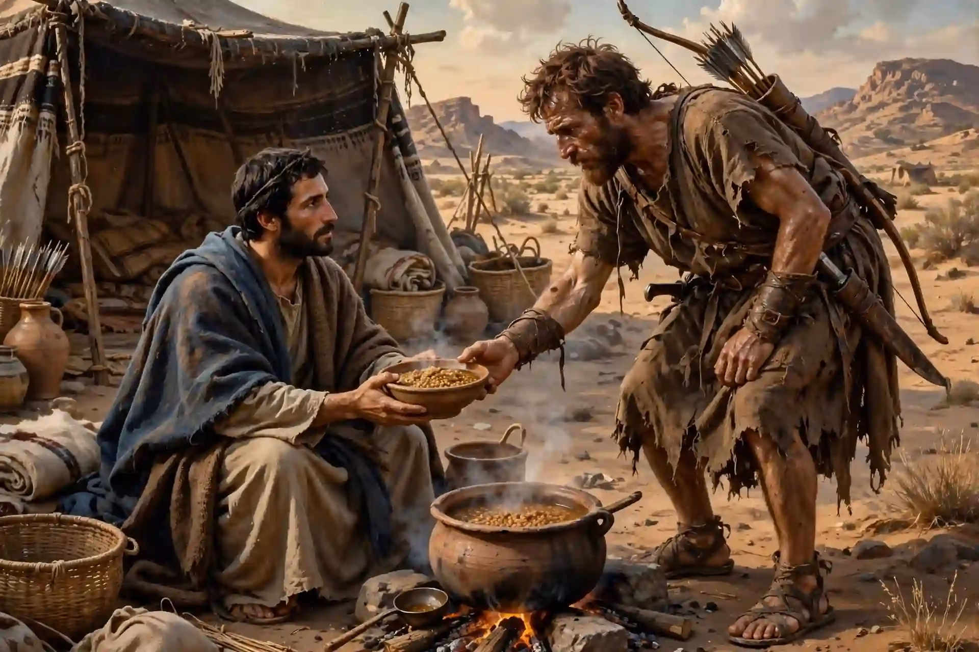 Esaú vende su primogenitura a Jacob a cambio de un guisado de lentejas en el desierto