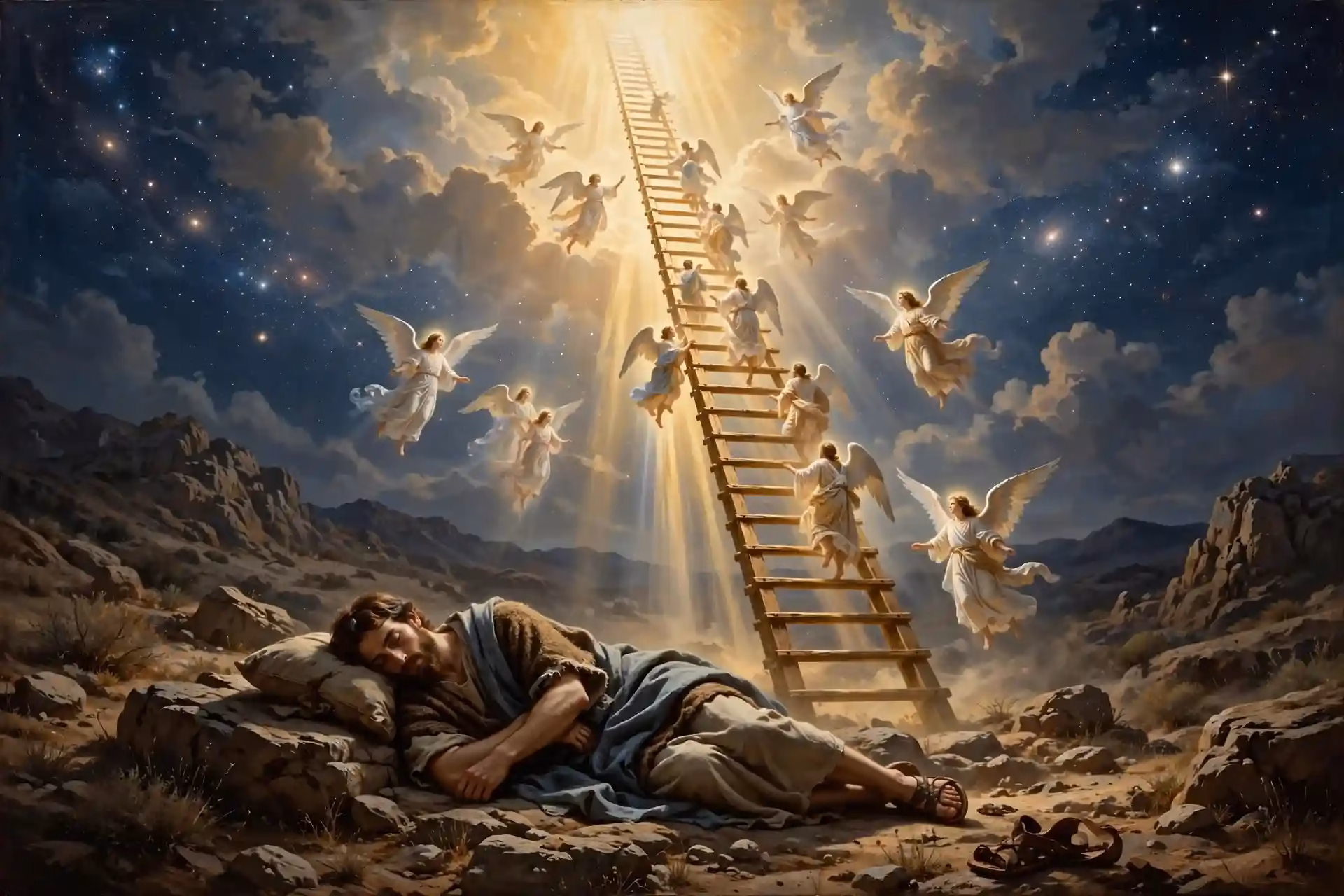Jacob durmiendo en Betel sueña con una escalera al cielo por donde suben y bajan ángeles de Dios