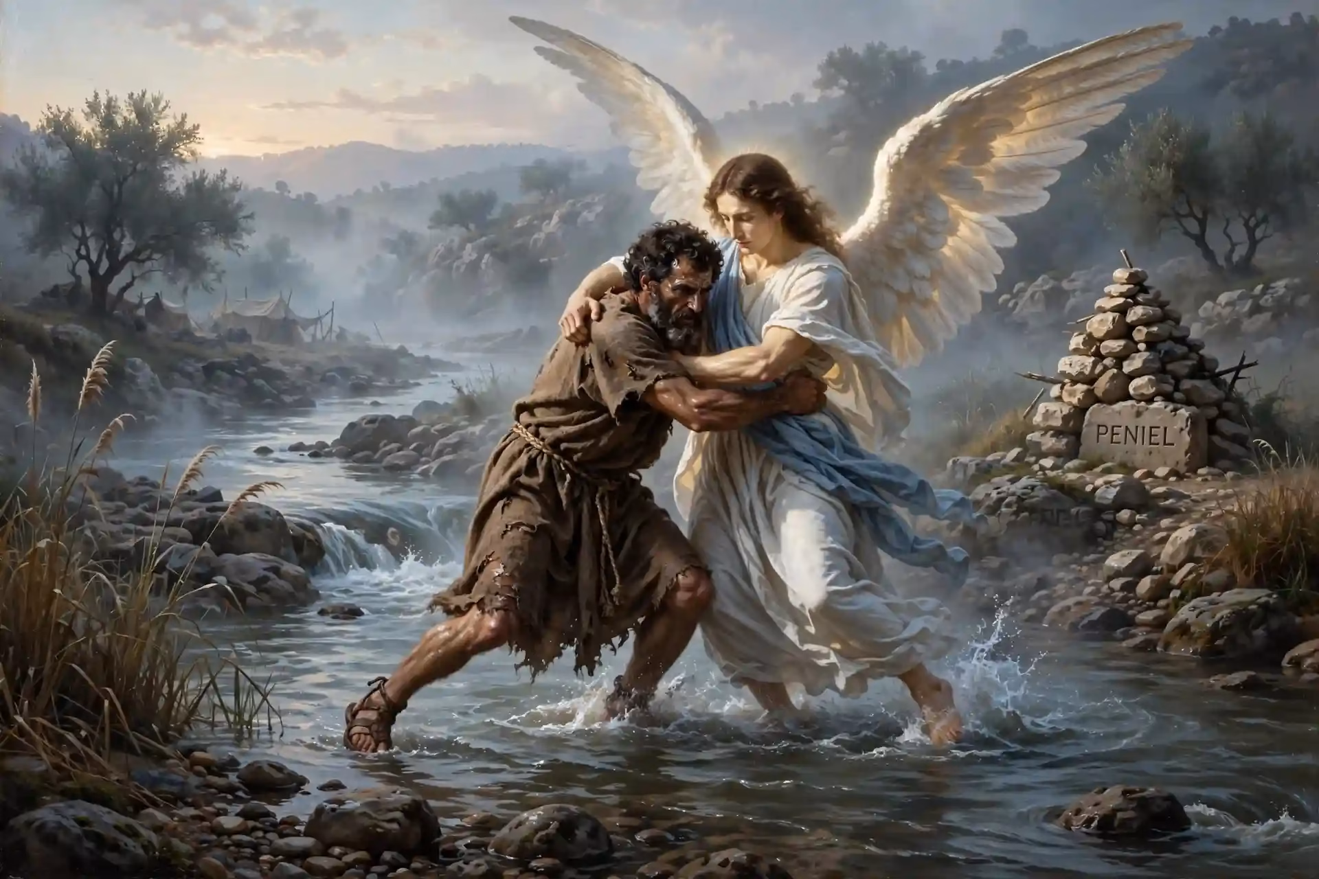 Jacob luchando con un varón angelical hasta el amanecer en el vado de Jaboc, donde recibe el nombre de Israel