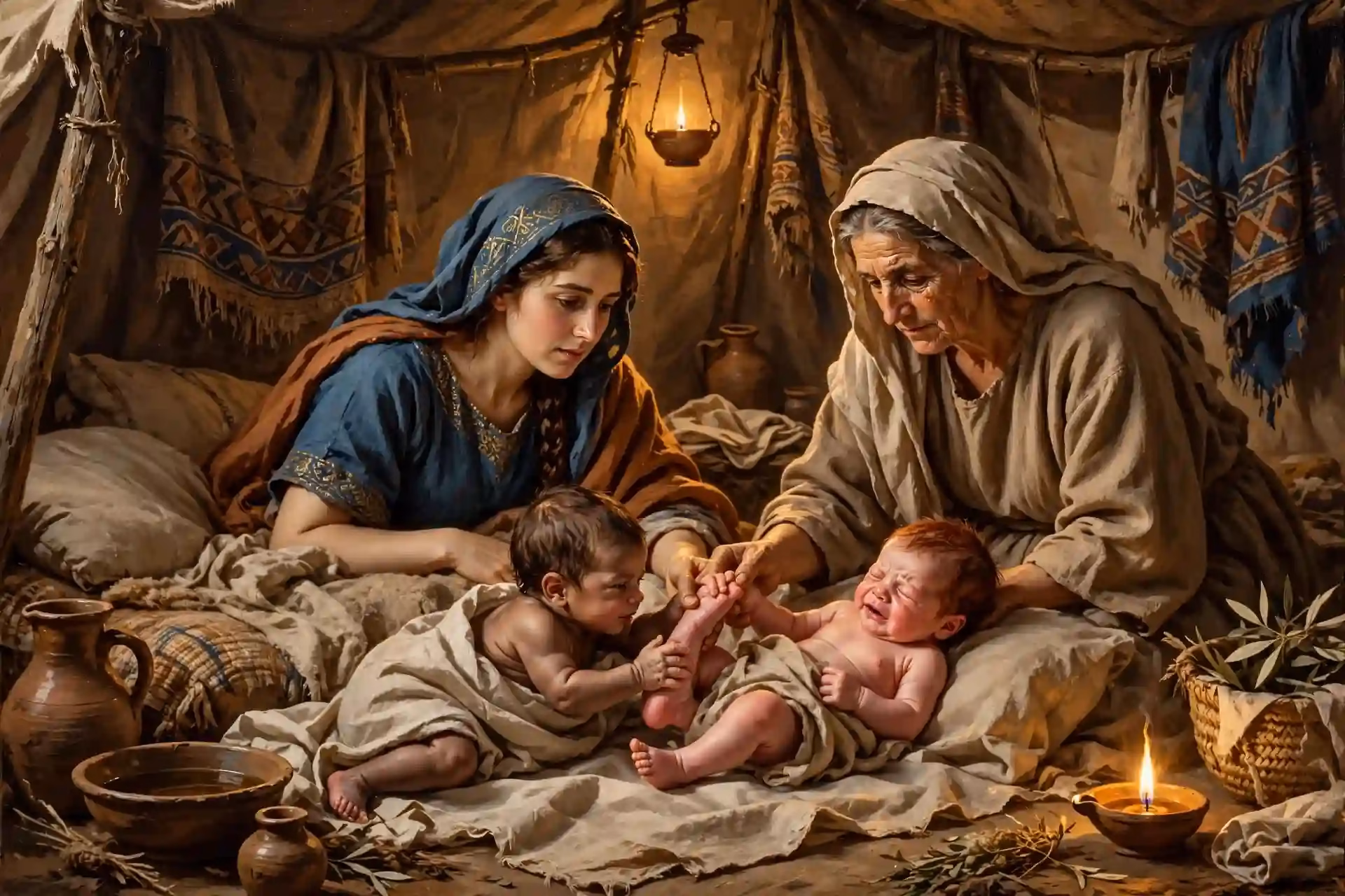 Nacimiento de Jacob sujetando el talón de Esaú, hijos gemelos de Isaac y Rebeca