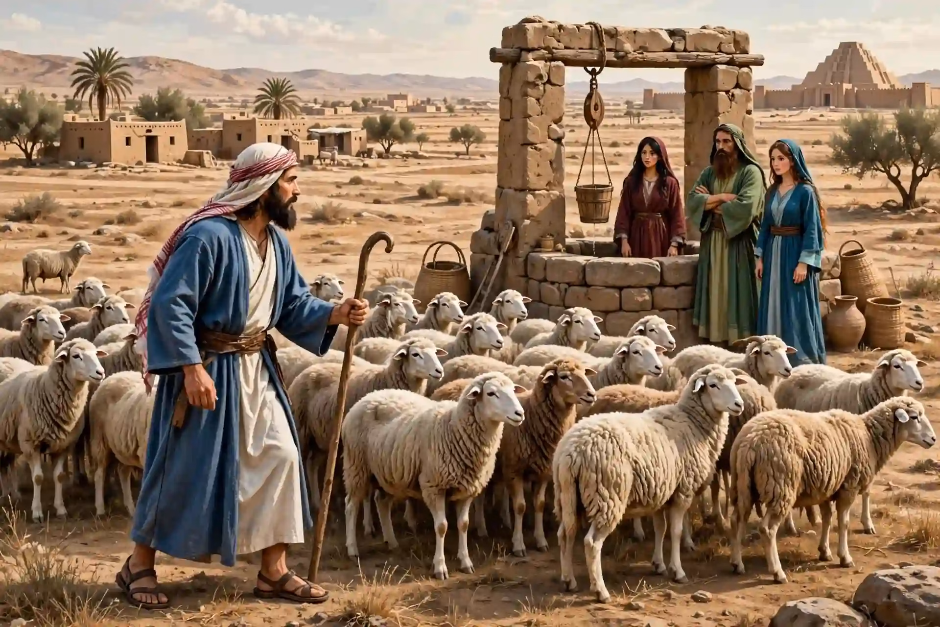 Jacob como pastor de ovejas durante sus años con Labán en Harán junto a Raquel y Lea