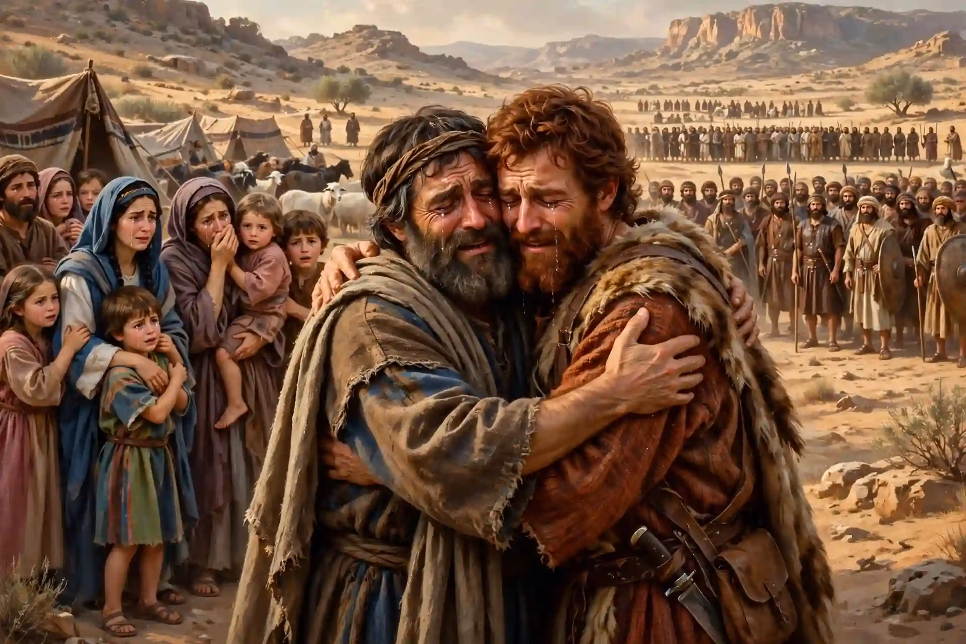 Reconciliación emotiva de Jacob y Esaú abrazándose y llorando después de años separados