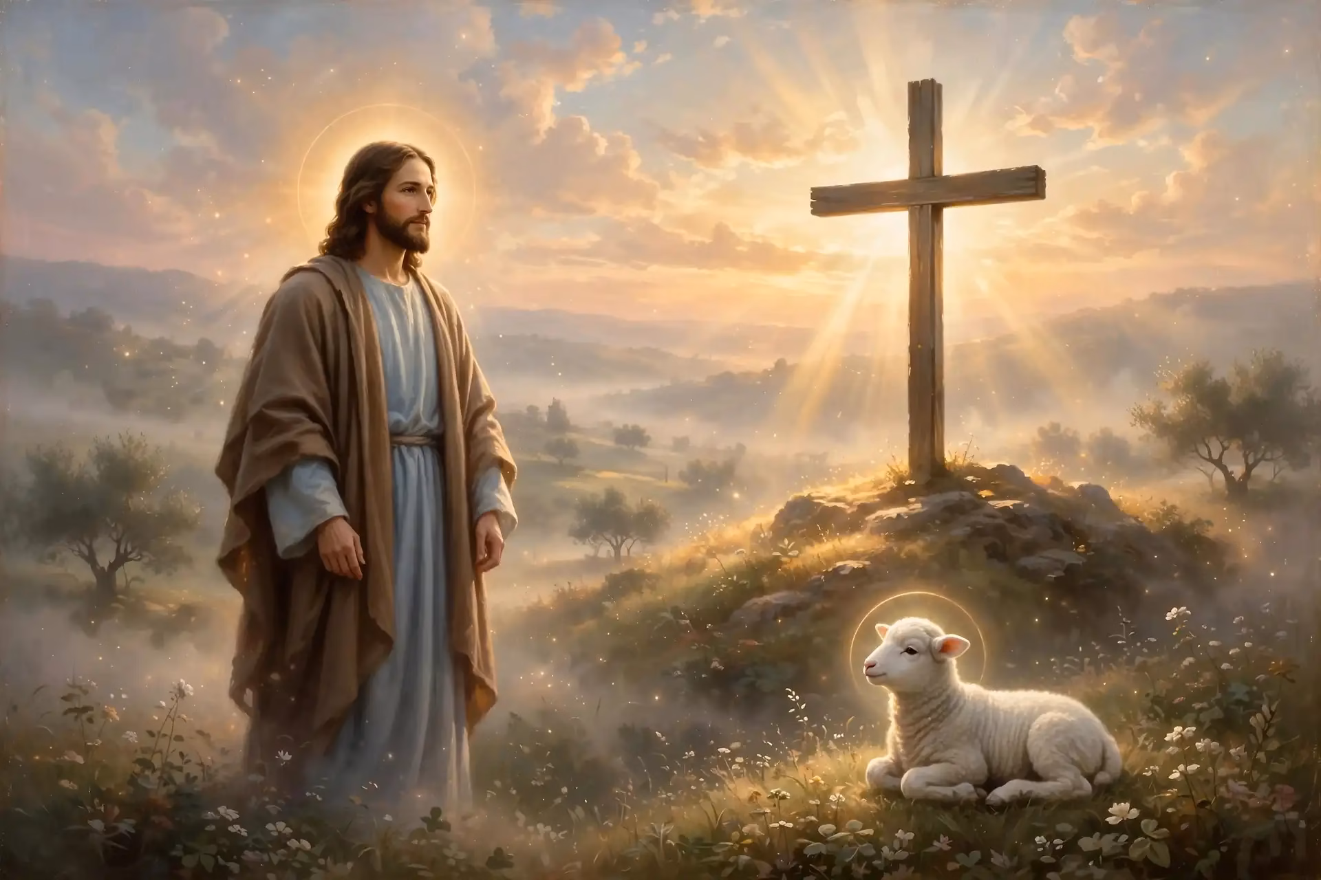 Cruz vacía al amanecer con luz resplandeciente y un cordero, simbolizando que Cristo es el Cordero de Dios que quita el pecado del mundo
