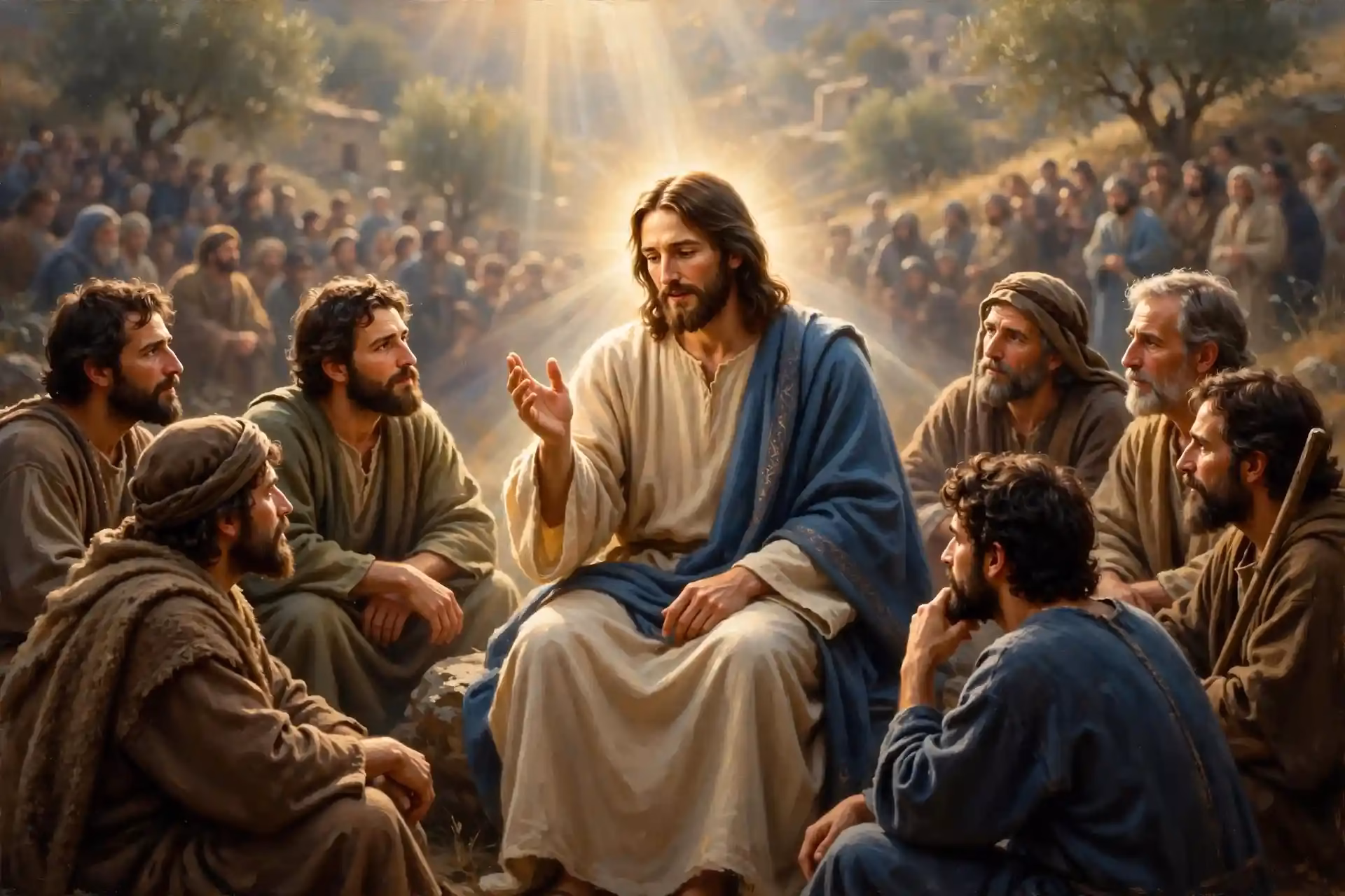 Jesús enseñando en parábolas a una multitud junto al mar de Galilea, usando imágenes de semillas, campos y ovejas para comunicar el reino de Dios