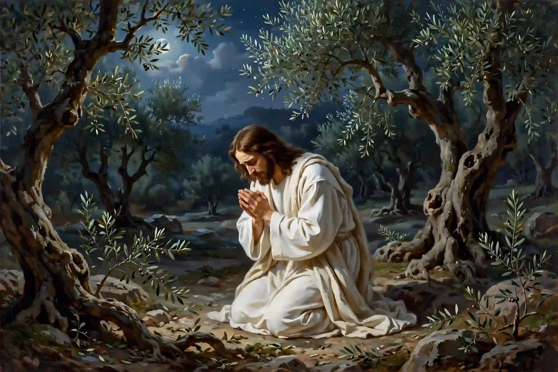 Jesús orando de rodillas en el huerto de Getsemaní de noche, mostrando obediencia y entrega a la voluntad del Padre a pesar de la angustia