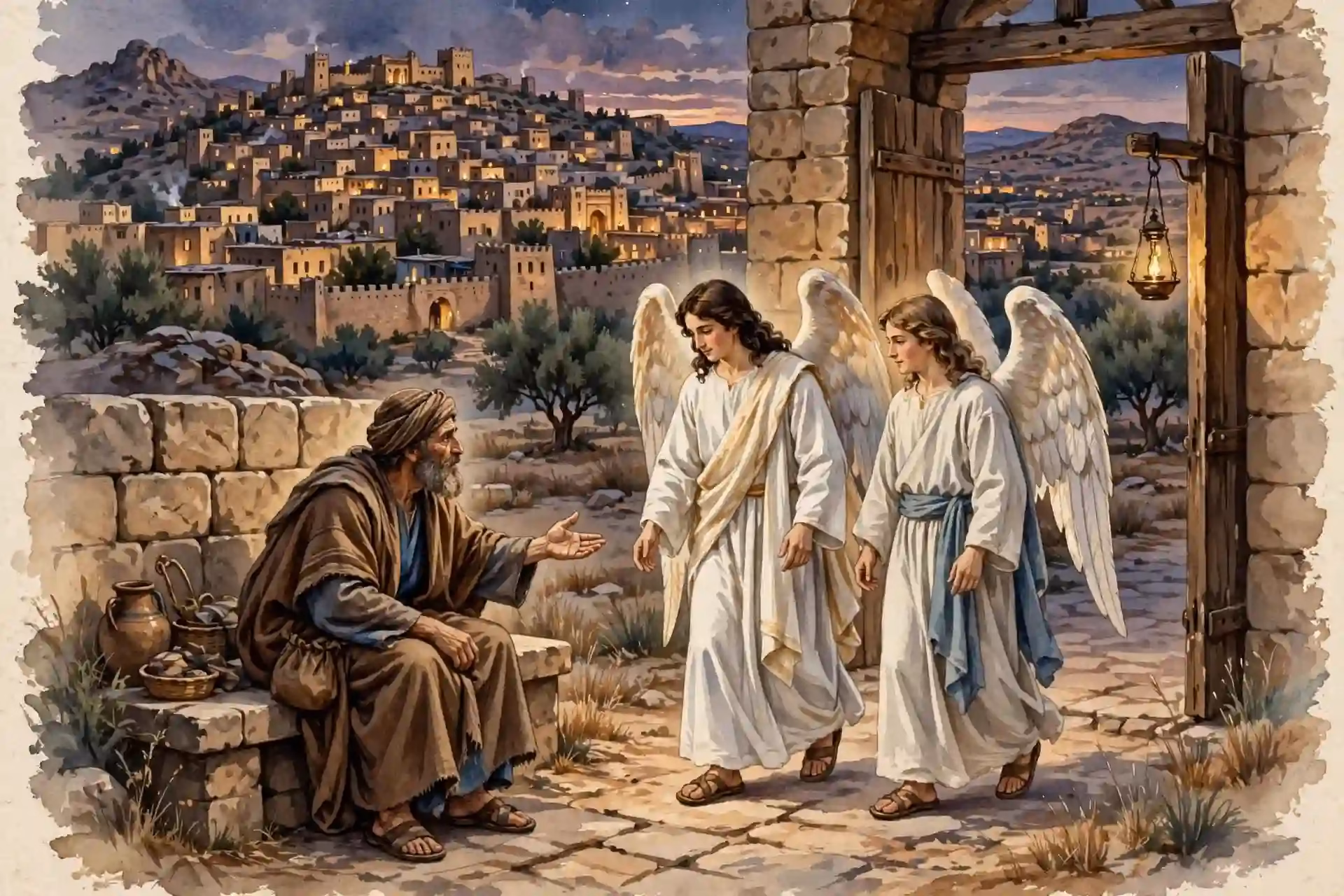 Dos ángeles llegando a la puerta de Sodoma al anochecer y Lot inclinándose para ofrecerles hospitalidad