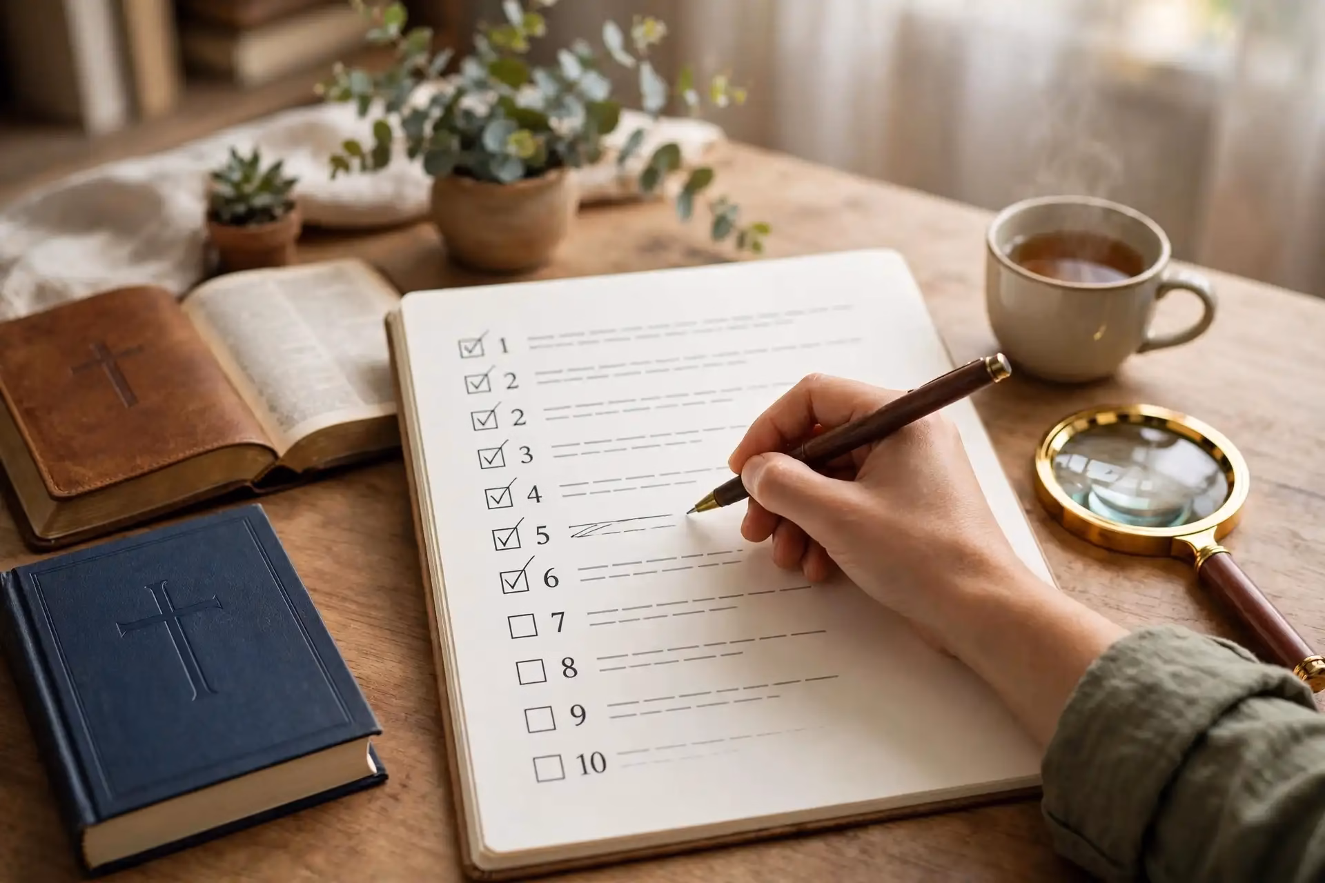 Mano escribiendo en un cuaderno un checklist de 10 pasos para analizar pasajes bíblicos difíciles, con Biblia, lupa y taza sobre mesa de madera