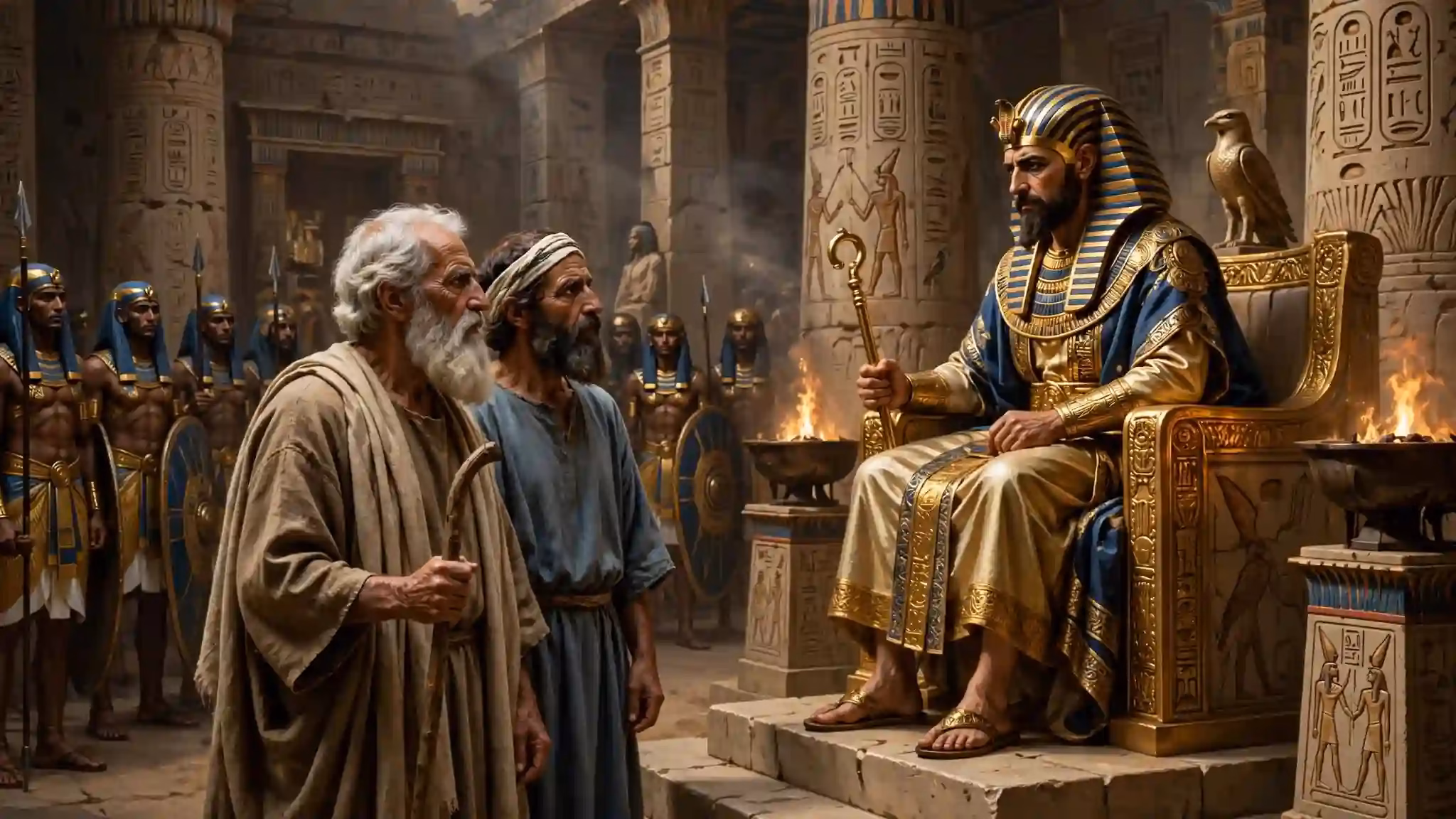Moisés y Aarón presentándose ante el faraón en el palacio de Egipto para pedir la liberación de Israel