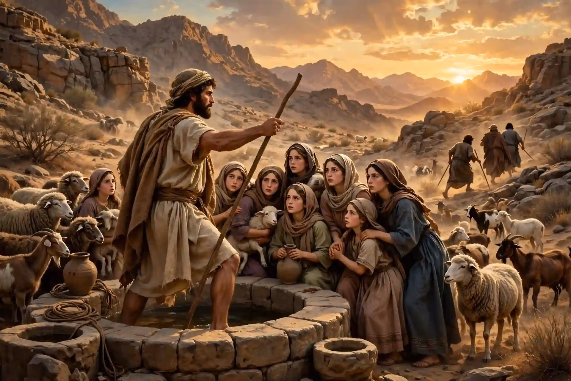 Moisés joven defendiendo a las hijas del sacerdote de Madián junto al pozo en el desierto