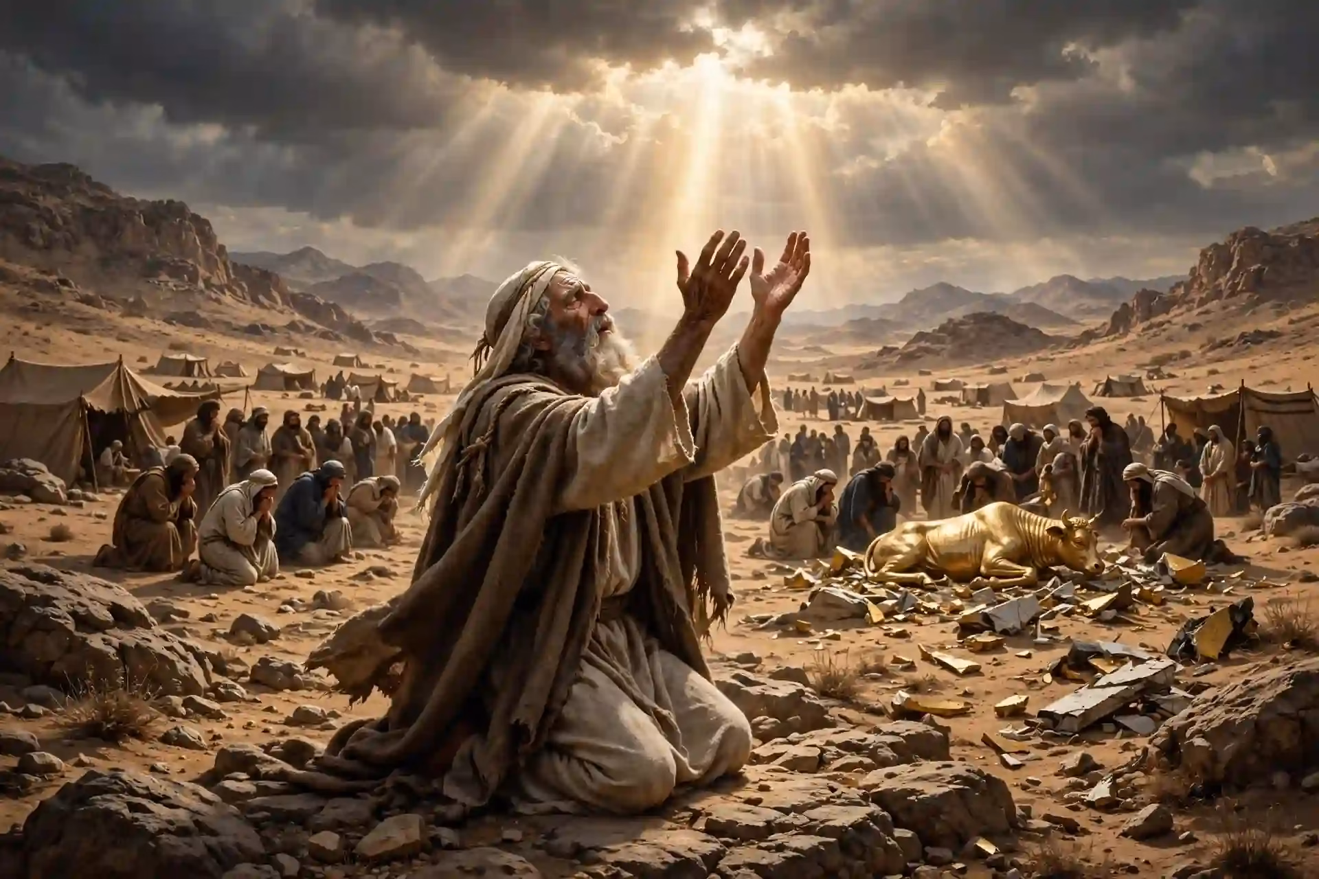 Moisés como intercesor de Israel orando de rodillas en el desierto tras el pecado del becerro de oro, cara a cara con Dios