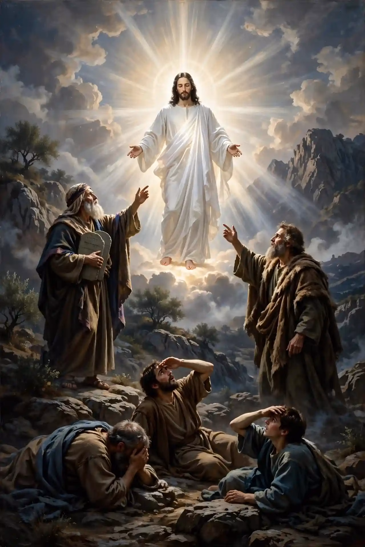 Moisés y Elías apareciendo con Jesús en la transfiguración, mostrando que la ley fue dada por Moisés pero Cristo es superior
