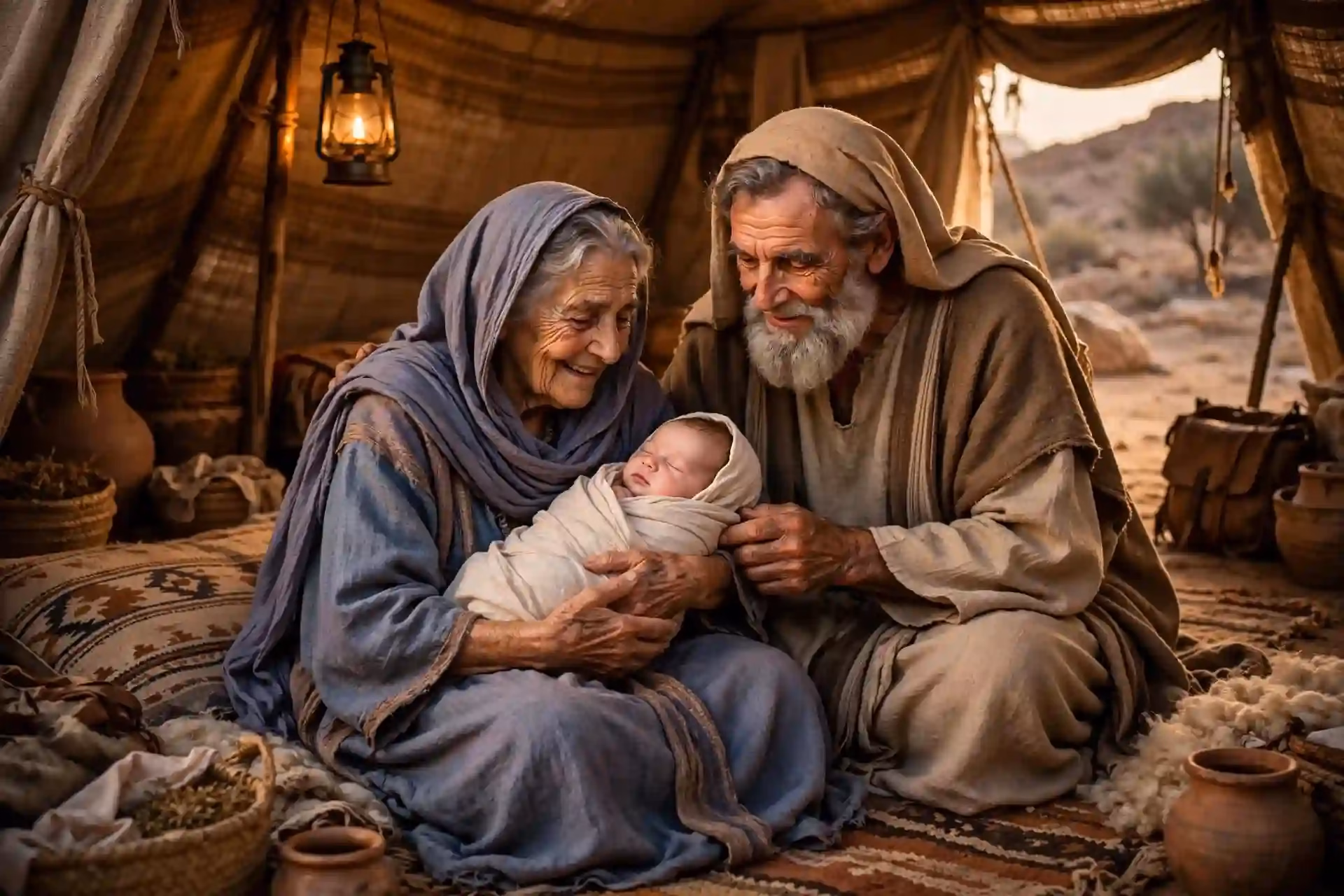  Abraham de cien años y Sara de noventa sosteniendo al bebé Isaac recién nacido en su tienda, cumplimiento de la promesa de Dios