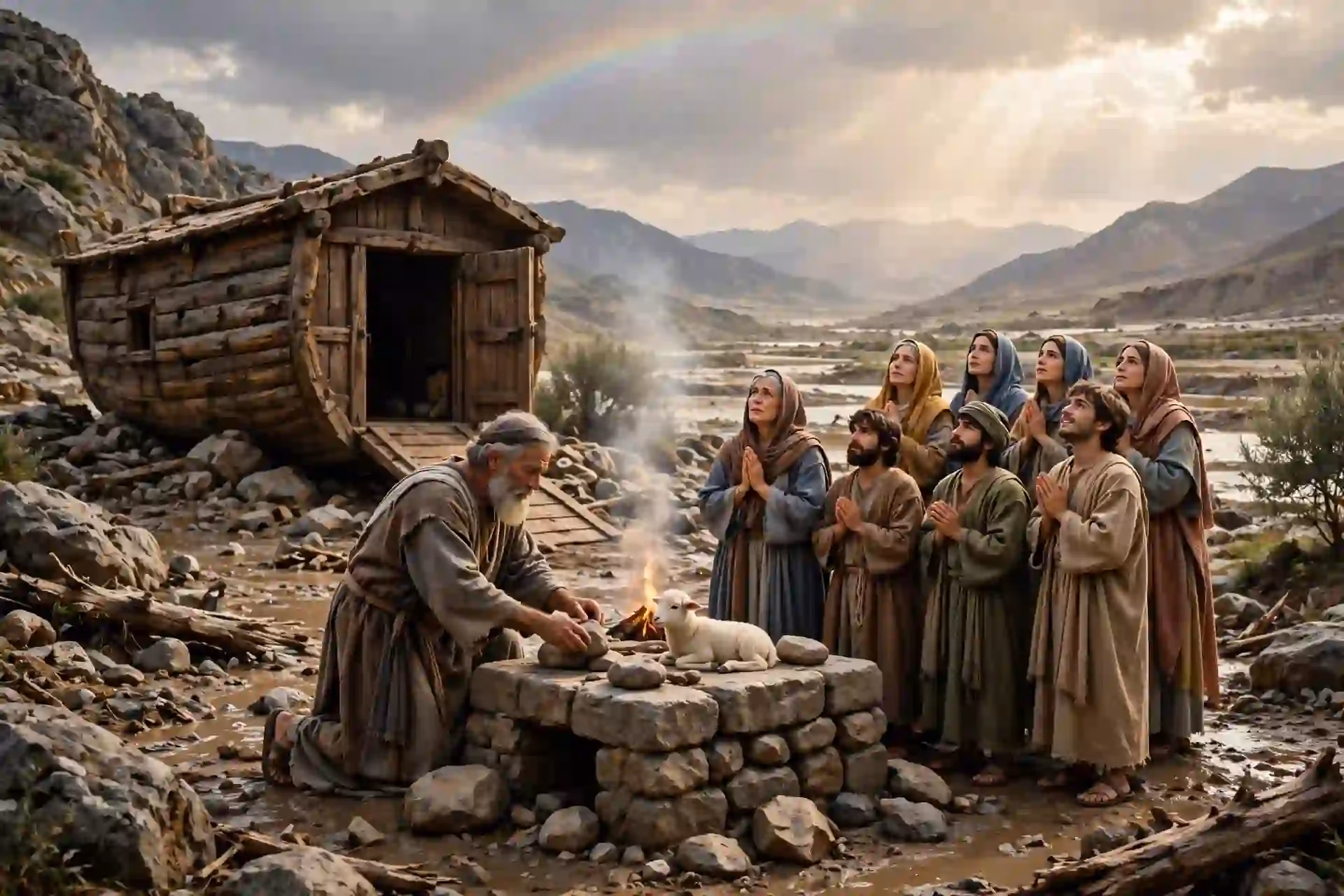 Noé construyendo un altar y ofreciendo holocausto con animales limpios después de salir del arca, con su familia orando