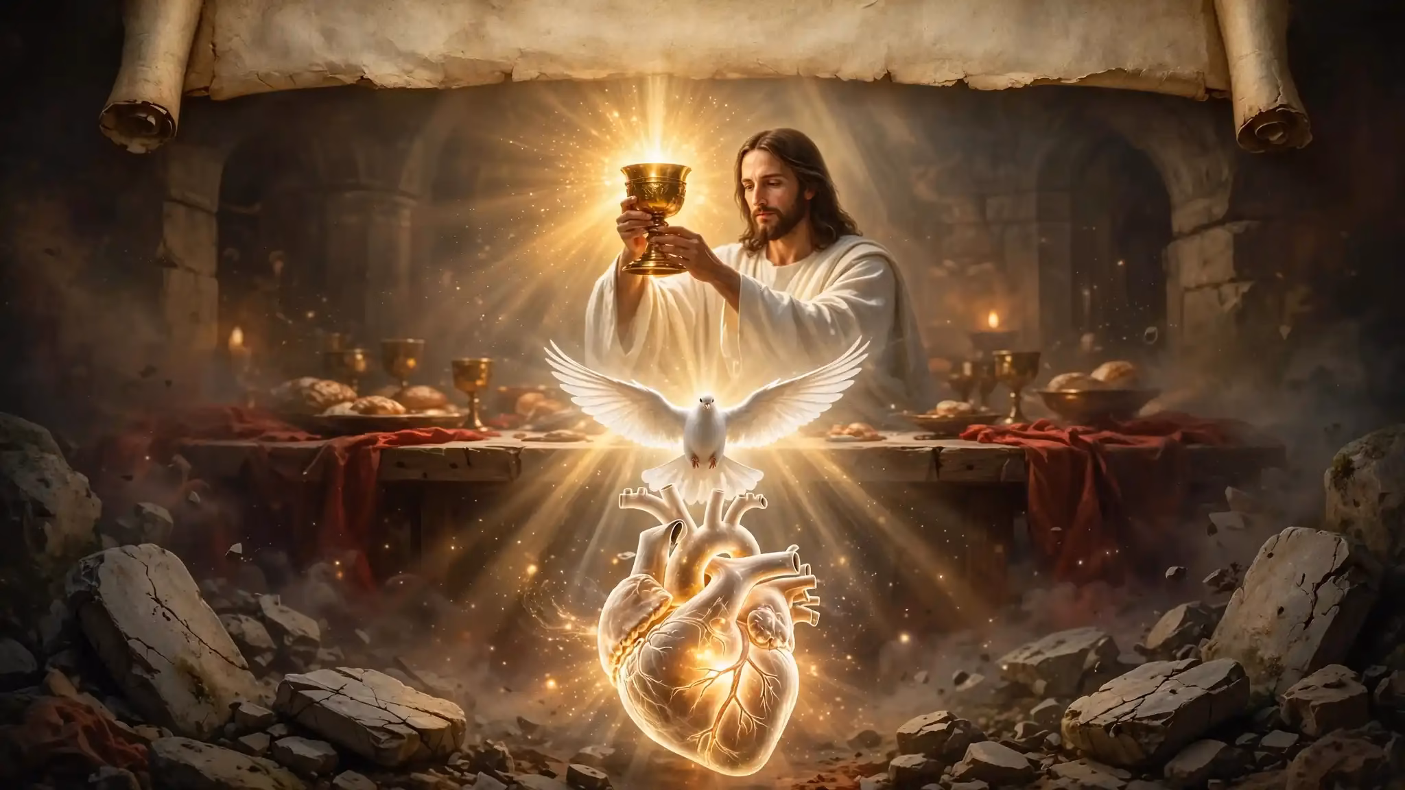 Jesús en la Última Cena levantando copa brillante del nuevo pacto en mi sangre de Lucas 22:20, corazón humano translúcido con luz interior y paloma del Espíritu Santo, tablas antiguas rotas al fondo simbolizando Jeremías 31:31-34 y Ezequiel 36.