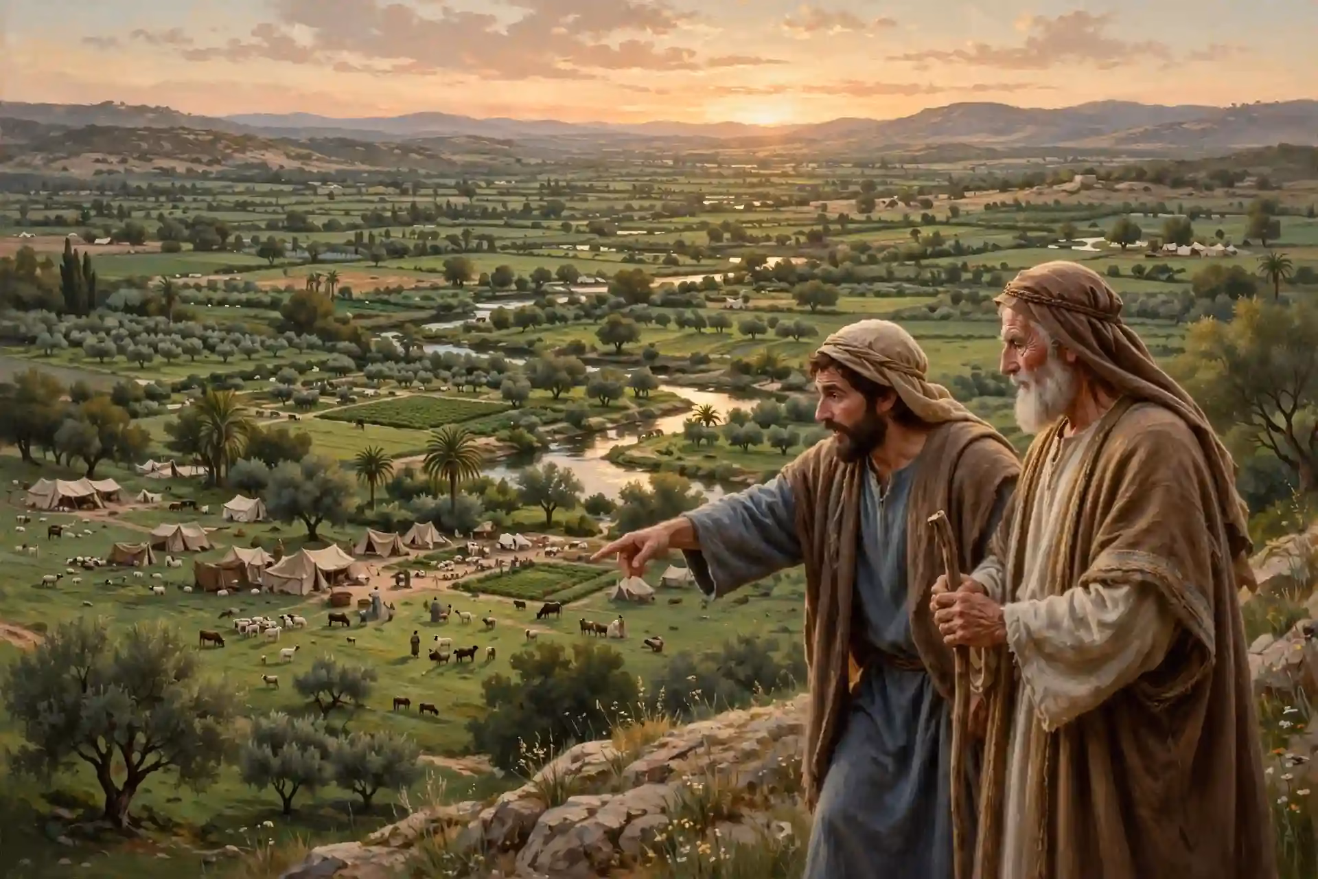 Lot elige la fértil llanura del Jordán mientras se separa de Abraham, con rebaños y tiendas al atardecer