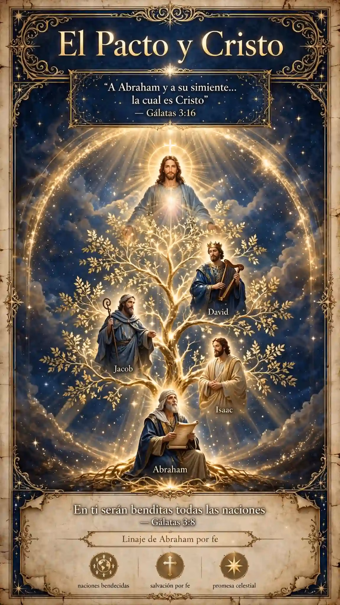 Infografía árbol genealógico luminoso de Abraham a Jesucristo con luz mesiánica, texto en español El Pacto y Cristo A Abraham y a su simiente la cual es Cristo Gálatas 3:16 En ti serán benditas todas las naciones Gálatas 3:8 linaje de Abraham por fe.