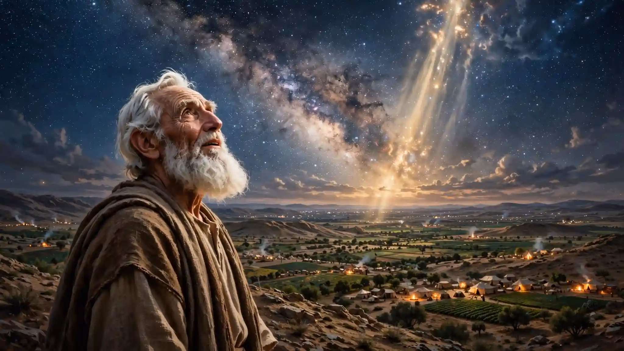 Abraham anciano contemplando cielo estrellado innumerable y tierra de Canaán iluminada, antorchas divinas pasando entre sacrificios de Génesis 15, promesa de descendencia, tierra y bendición a todas las familias.