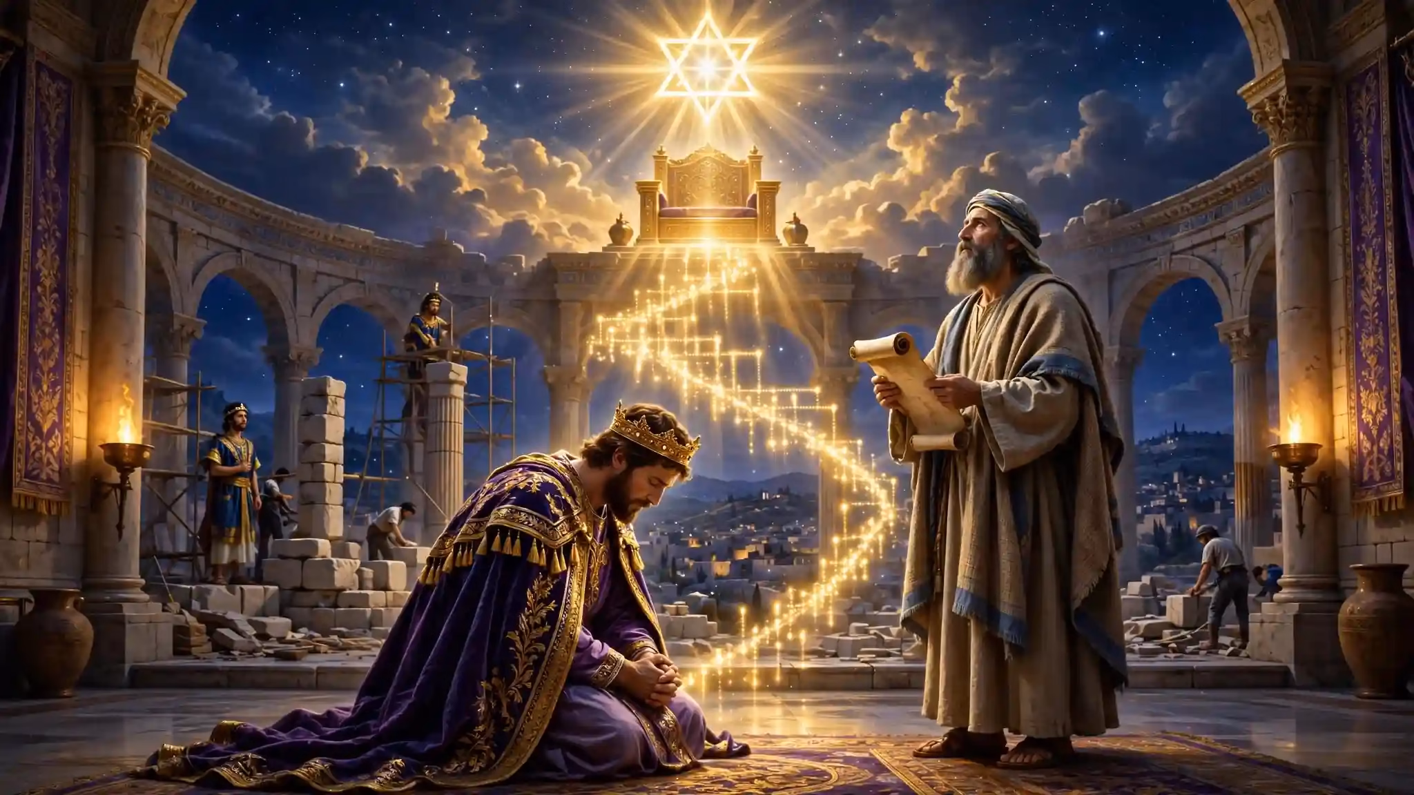 Rey David humillado en palacio de Jerusalén escuchando al profeta Natán con rollo de 2 Samuel 7, visión de trono dorado eterno y estrella mesiánica, Salomón al fondo construyendo templo, promesa de dinastía para siempre.