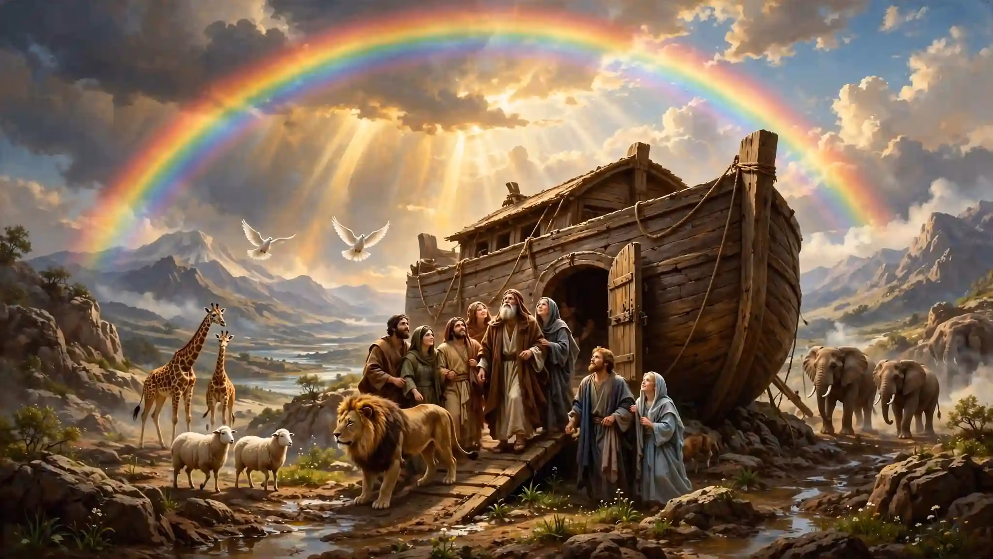 Noé y su familia saliendo del arca con animales diversos bajo un gran arcoíris brillante como señal del pacto de Dios de no volver a destruir la tierra con diluvio, Génesis 9:11, paisaje renovado esperanzador.