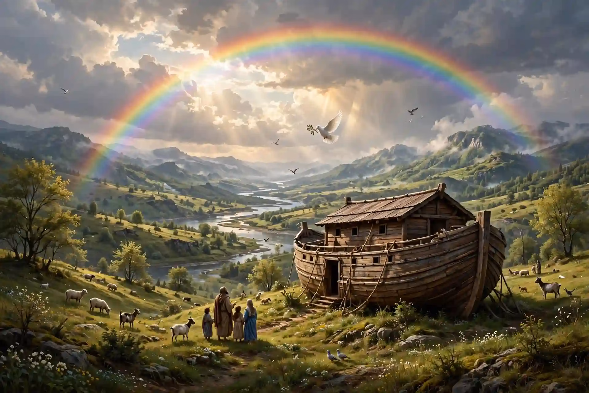 Arcoíris en las nubes como señal visible del pacto de Dios con Noé de no volver a destruir la tierra con diluvio
