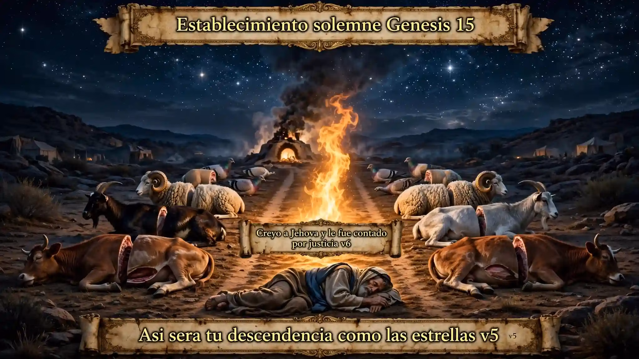 Ceremonia solemne del pacto Génesis 15 de noche, animales divididos, horno humeante y antorcha de fuego pasando entre piezas, Abraham en sueño profundo, cielo estrellado con texto Creyó a Jehová y le fue contado por justicia v6 y Así será tu descendencia.