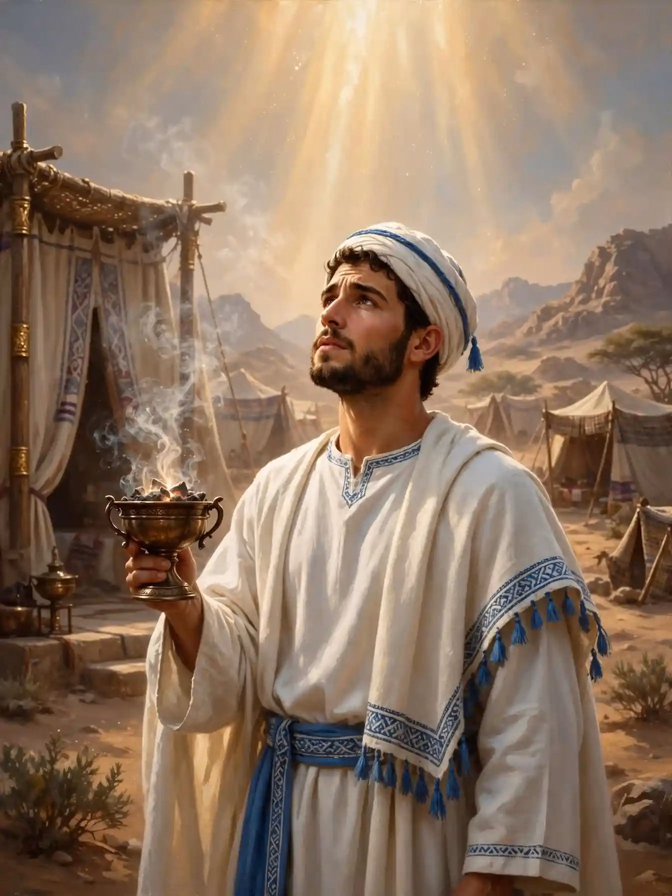 Finees nieto de Aarón joven sacerdote con vestiduras levíticas blancas y azules sosteniendo incensario, luz de paz divina sobre él, Tabernáculo al fondo, pacto de sacerdocio perpetuo de Números 25:10-13.