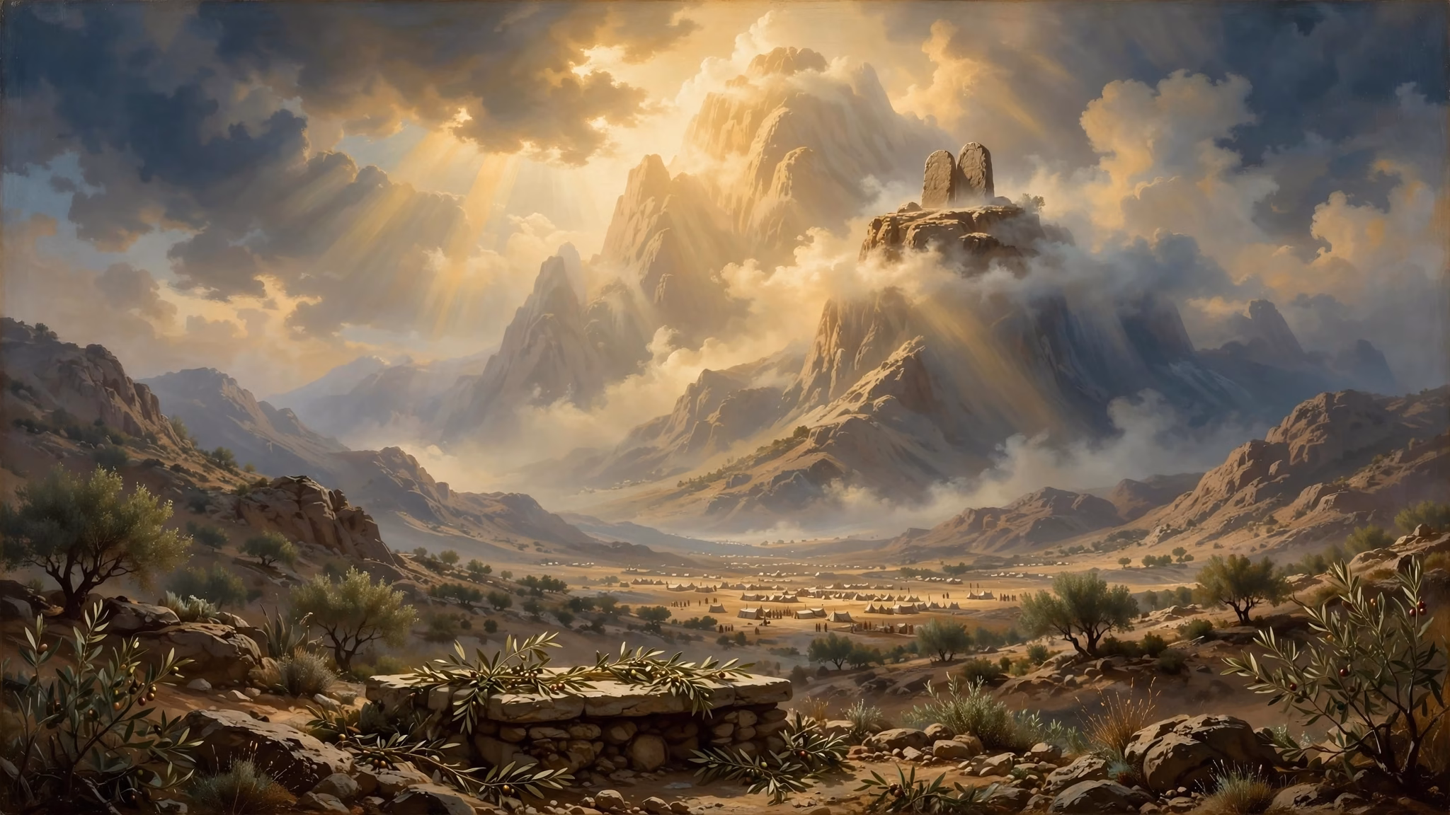 Monte Sinaí humeante con luz divina en la cumbre, Moisés con tablas de los Diez Mandamientos, pueblo de Israel abajo y altar con sangre del pacto de Éxodo 24:8 y sábado como señal, escena solemne.