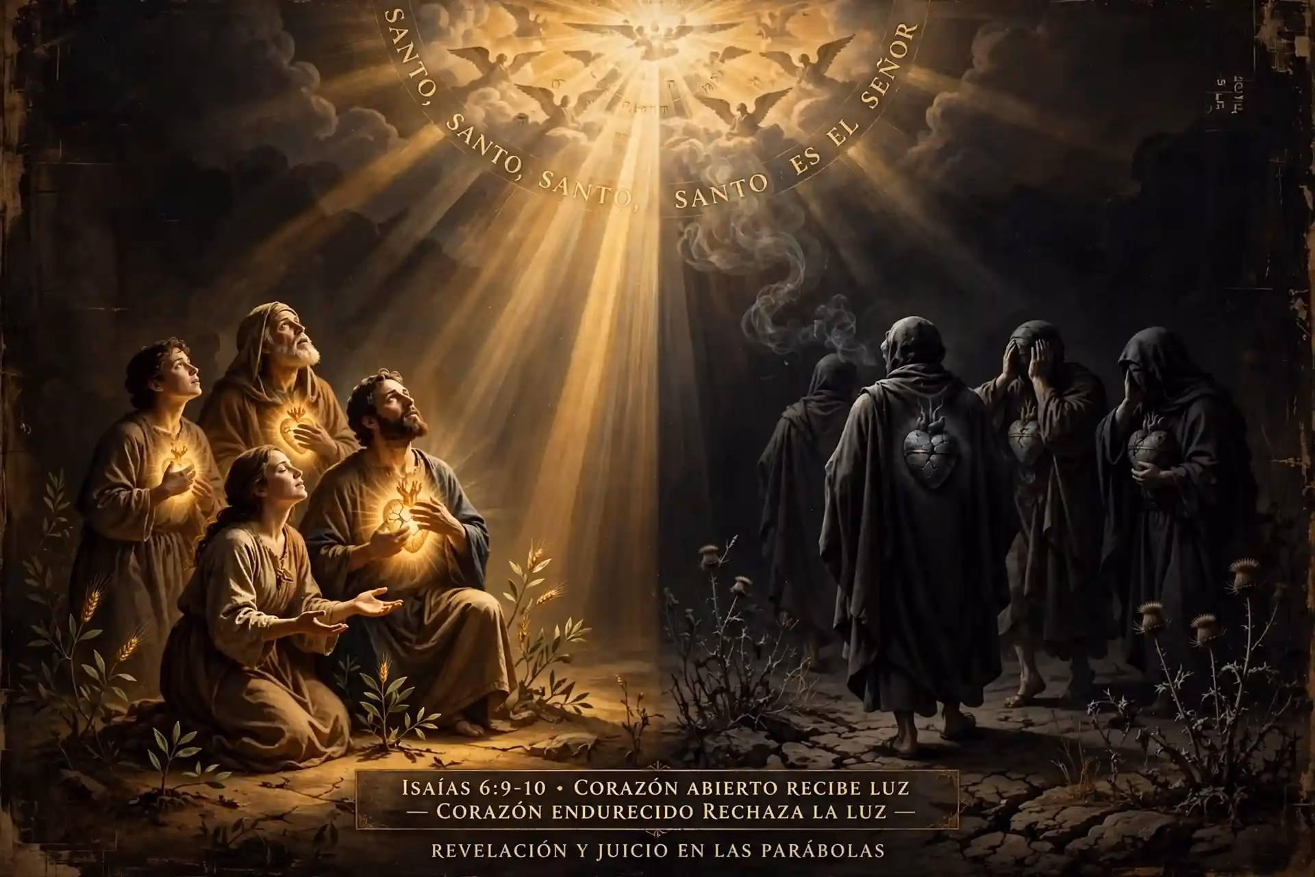 Ilustración simbólica de la doble función de las parábolas: revelación para corazones abiertos con luz y juicio para corazones endurecidos, referencia a Isaías 6:9-10