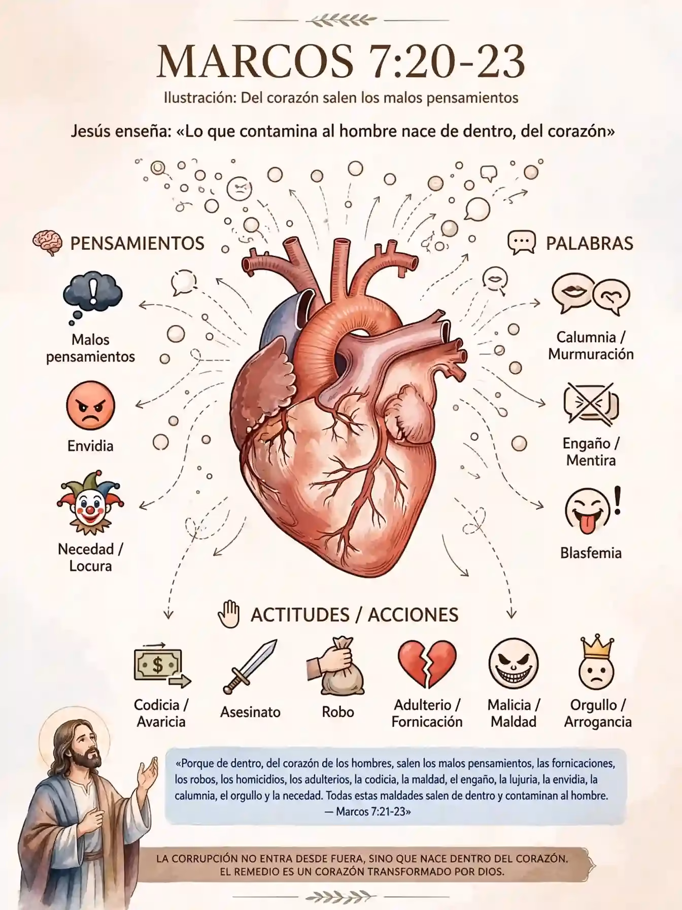 Ilustración del corazón humano del que proceden los malos pensamientos, mostrando que el pecado nace en el interior