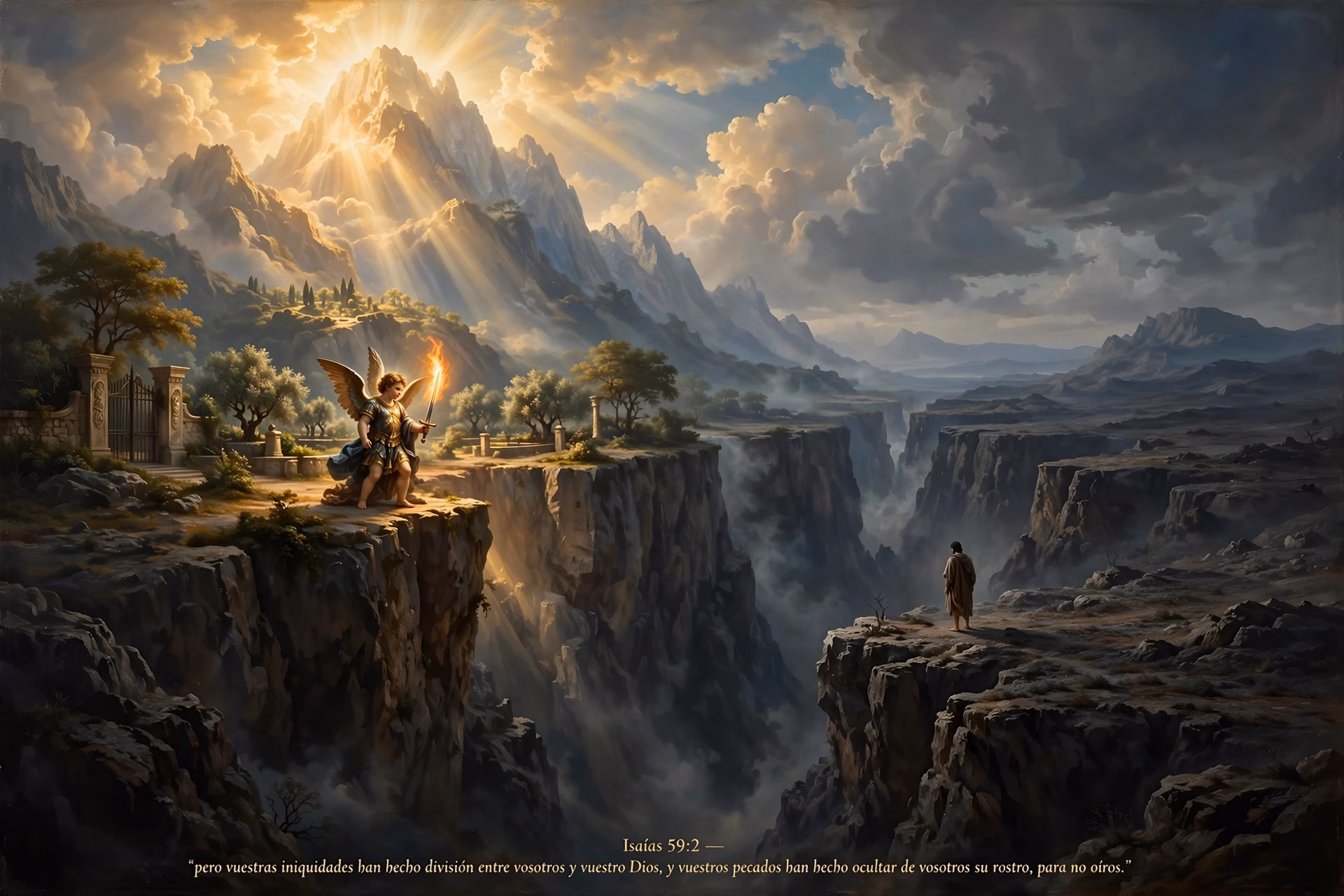 Gran abismo entre la santidad de Dios representada por luz y el ser humano, con querubín guardando el Edén, separación por el pecado