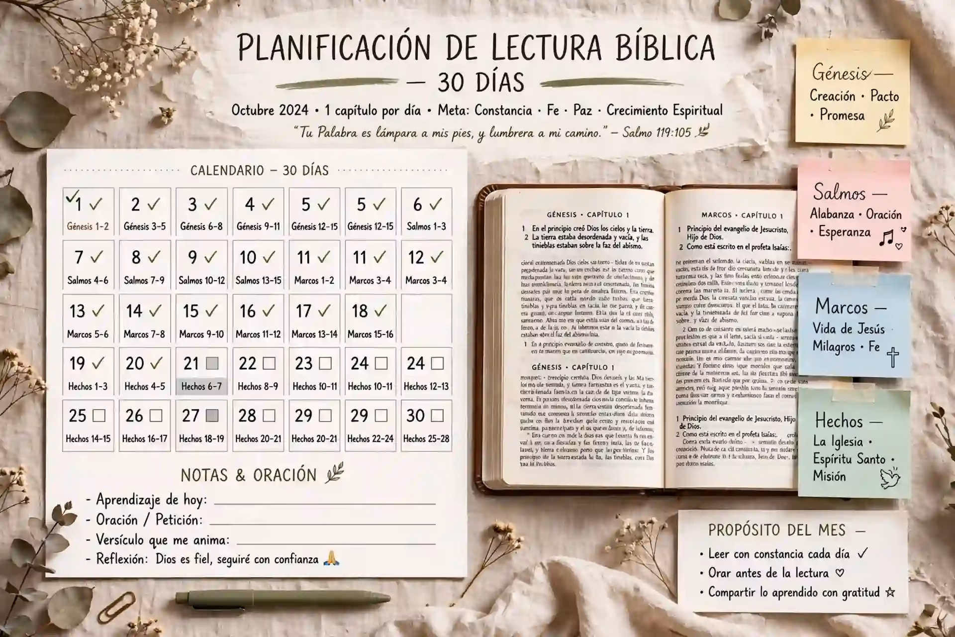 Calendario de plan de lectura bíblica de 30 días con Evangelio de Marcos, Génesis, Salmos y Hechos