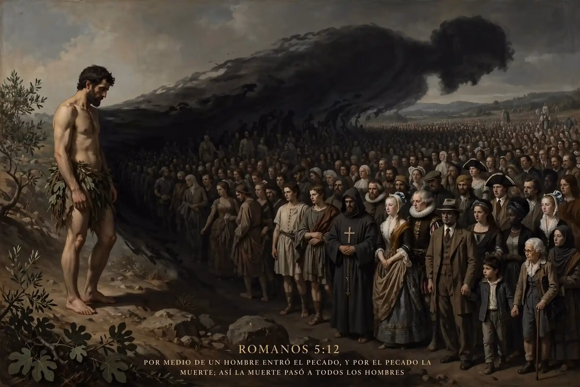 Adán como primer representante de la humanidad, con una sombra larga que alcanza a una multitud de personas de todas las épocas.