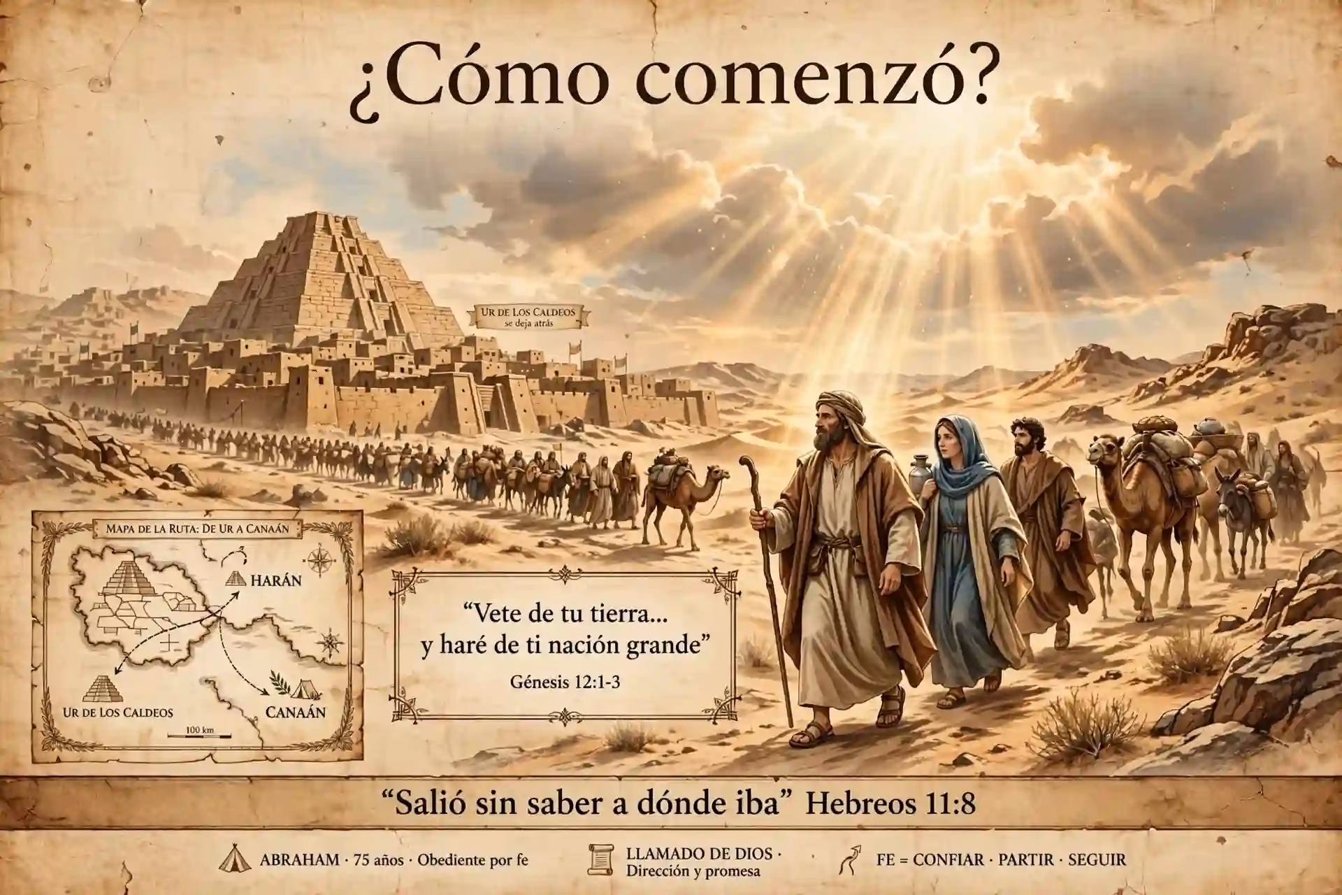 Abraham saliendo de Ur y Harán con Sarai y Lot dejando su tierra por obediencia, mapa antiguo de ruta a Canaán, texto en español Vete de tu tierra y haré de ti nación grande Génesis 12:1-3 Salió sin saber a dónde iba Hebreos 11:8.