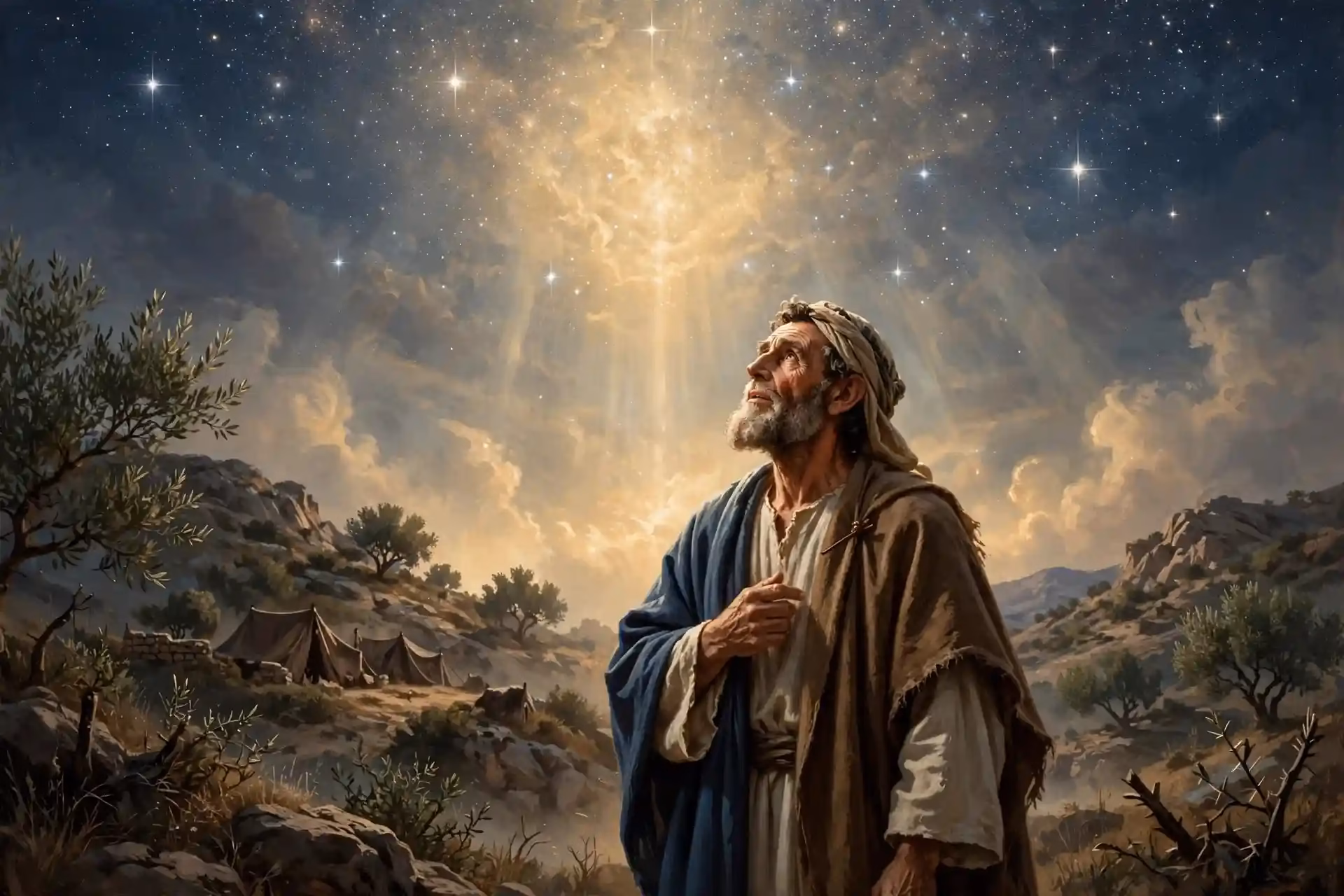 Dios promete a Abraham bajo el cielo estrellado de Canaán que Sara tendrá un hijo llamado Isaac, Génesis 17