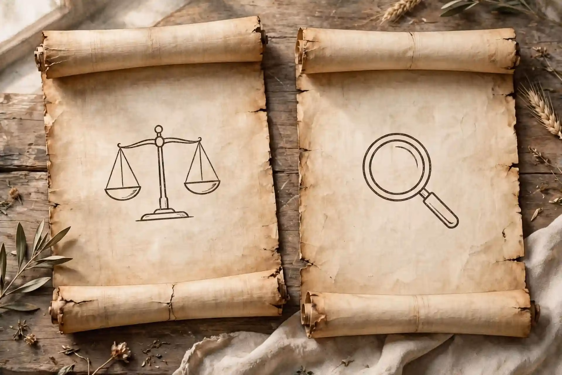 Pergaminos bíblicos abiertos con lupa y balanza sobre mesa de madera, ilustrando qué constituye una contradicción real