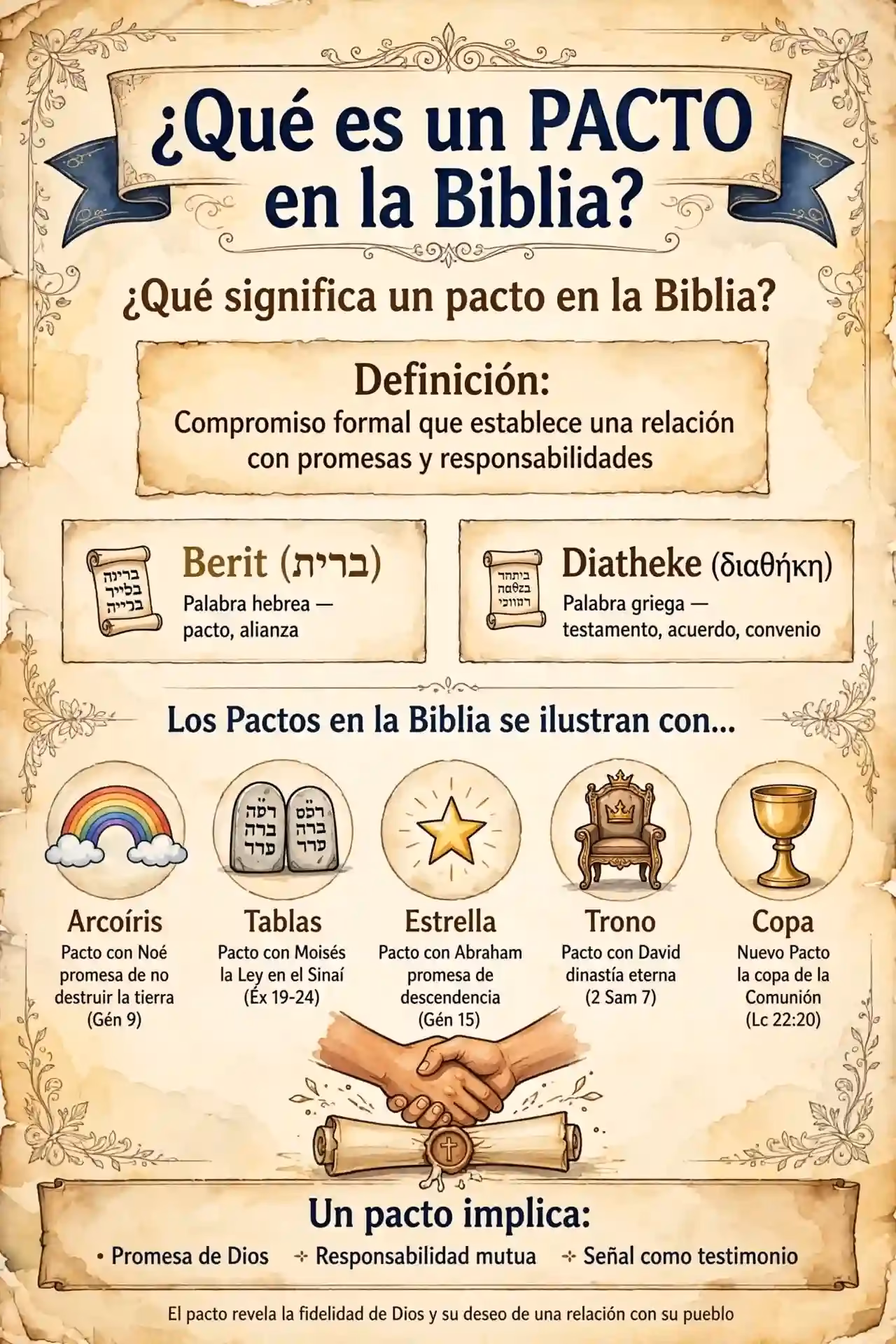 Infografía educativa sobre qué es un pacto en la Biblia con fondo de pergamino antiguo. Título ¿Qué es un PACTO en la Biblia? Definición: Compromiso formal que establece una relación con promesas y responsabilidades. Dos recuadros: Berit palabra hebrea pacto alianza y Diatheke palabra griega testamento acuerdo. Abajo iconos: Arcoíris Pacto con Noé Gén 9, Tablas Pacto con Moisés Éx 19-24, Estrella Pacto con Abraham Gén 15, Trono Pacto con David 2 Sam 7, Copa Nuevo Pacto Lc 22:20, con apretón de manos sobre rollo con cruz.