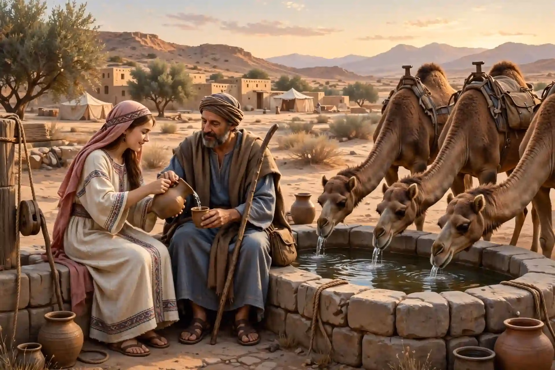 Rebeca ofreciendo agua al siervo de Abraham y dando de beber a sus camellos junto al pozo, Génesis 24