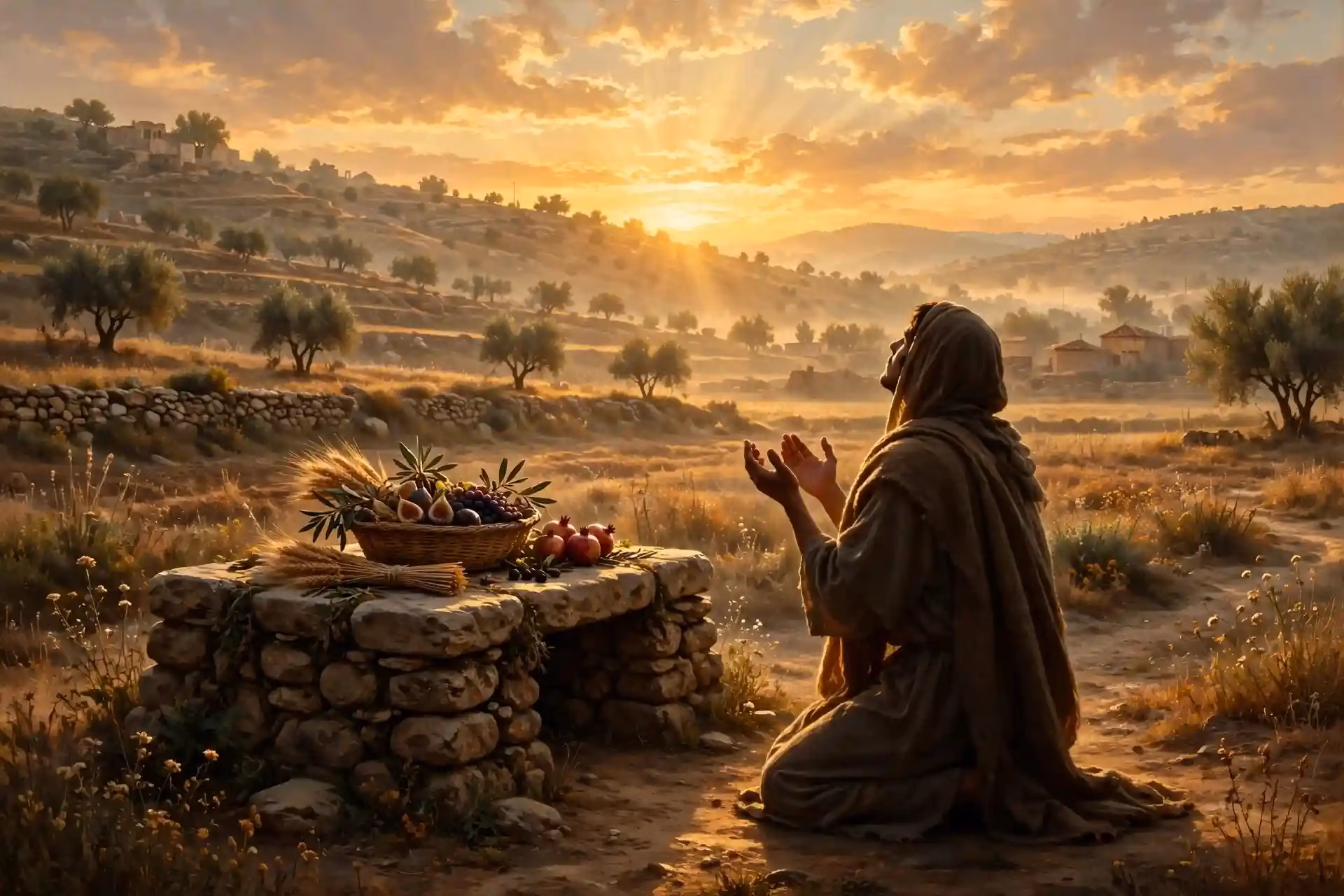 Amanecer esperanzador con altar de ofrenda y figura orando con humildad, aceptando la corrección de Dios con fe y obediencia