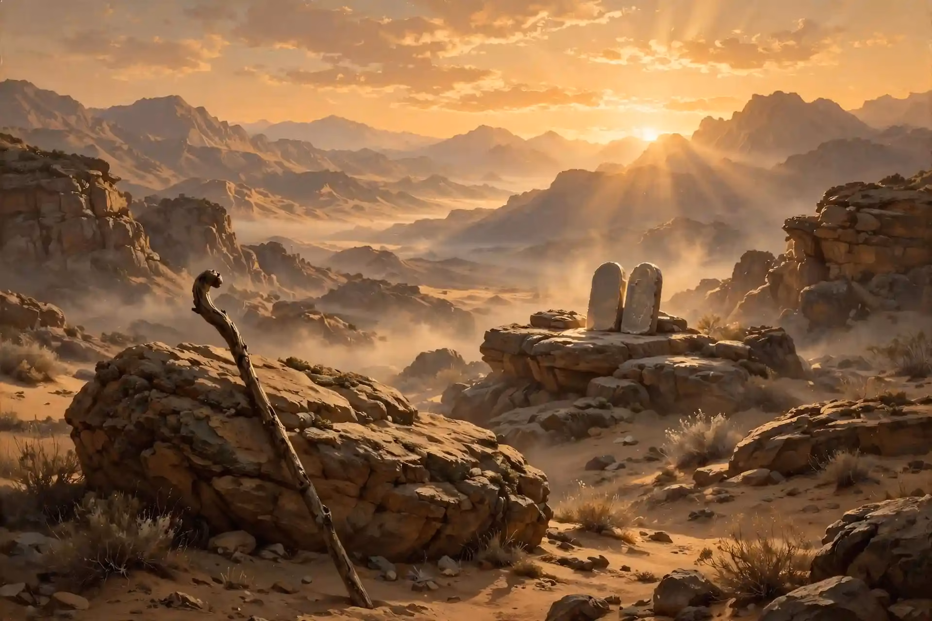 Amanecer en el desierto con la vara de Moisés y las tablas de la ley, símbolo del propósito cumplido por fidelidad de Dios