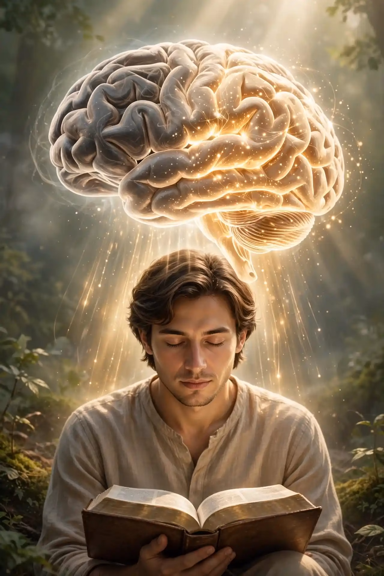 Persona estudiando la Biblia con luz iluminando su mente, ilustrando la renovación del entendimiento de Romanos 12:1-2 para comprobar la buena voluntad de Dios