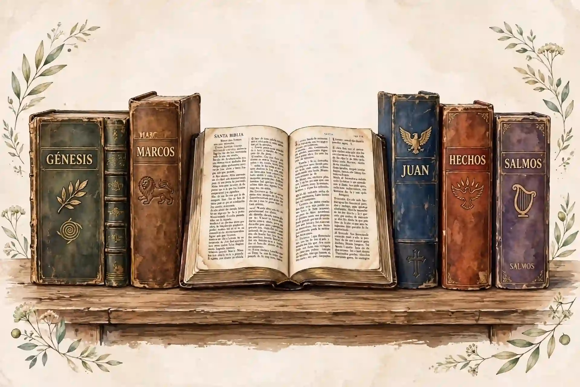 Libros de la Biblia Génesis, Marcos, Juan, Hechos y Salmos alineados como ruta recomendada para principiantes