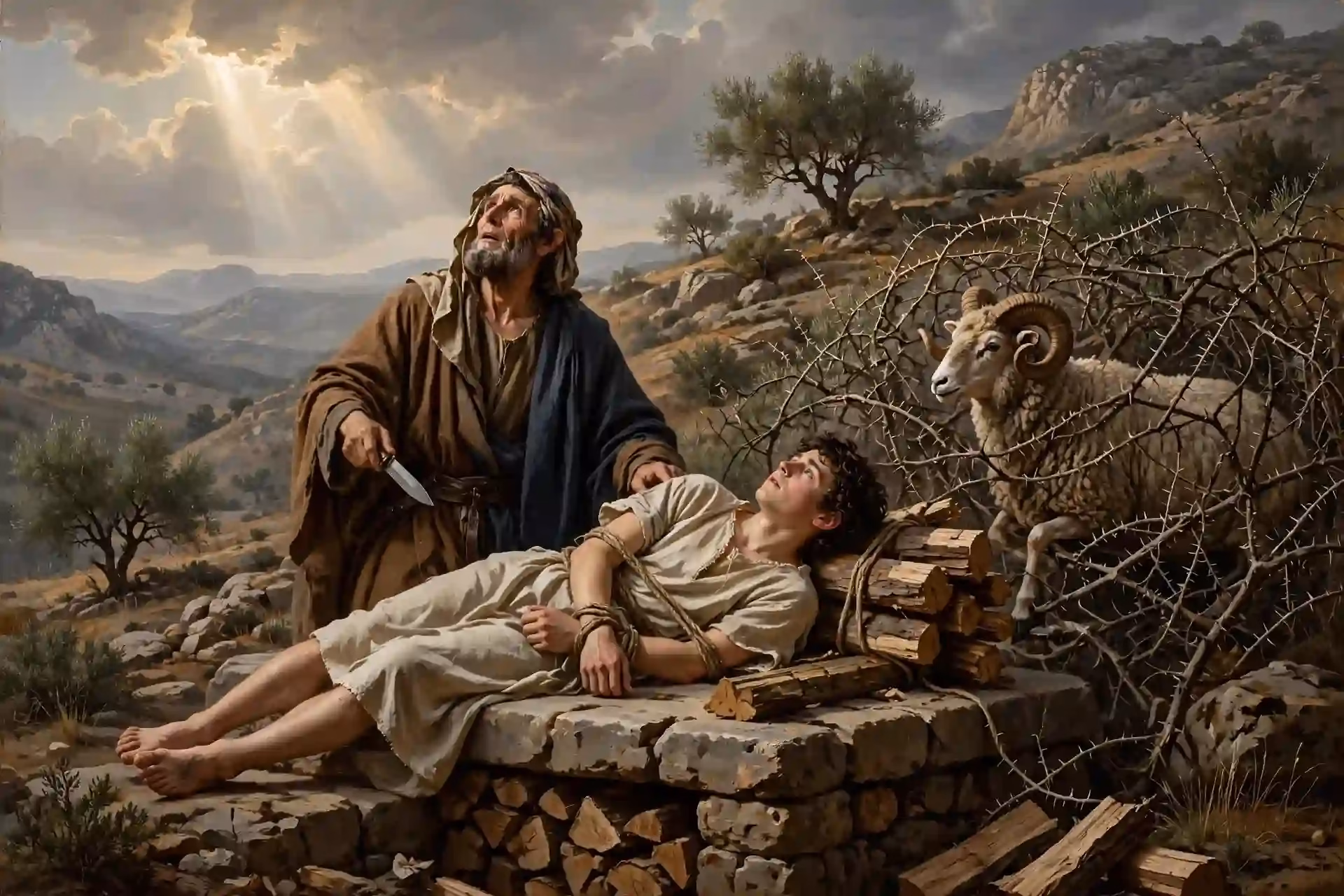 Abraham e Isaac en el monte Moriah, Isaac cargando la leña y el carnero trabado en el zarzal provisto por Dios, Génesis 22