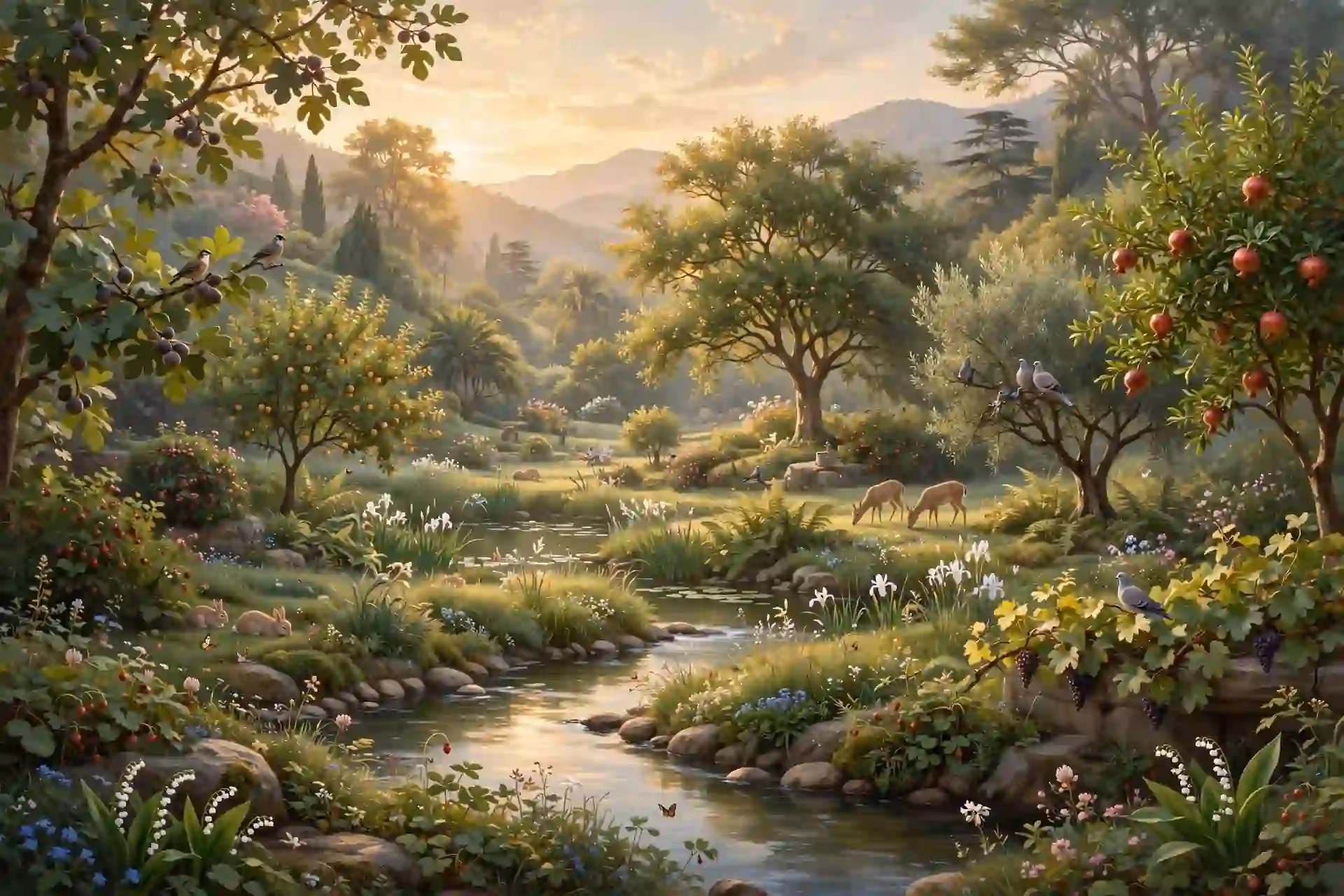 Paisaje sereno del jardín del Edén al amanecer con luz dorada, representando la creación terminada, completa y en paz en el séptimo día cuando Dios bendijo y santificó el día de reposo