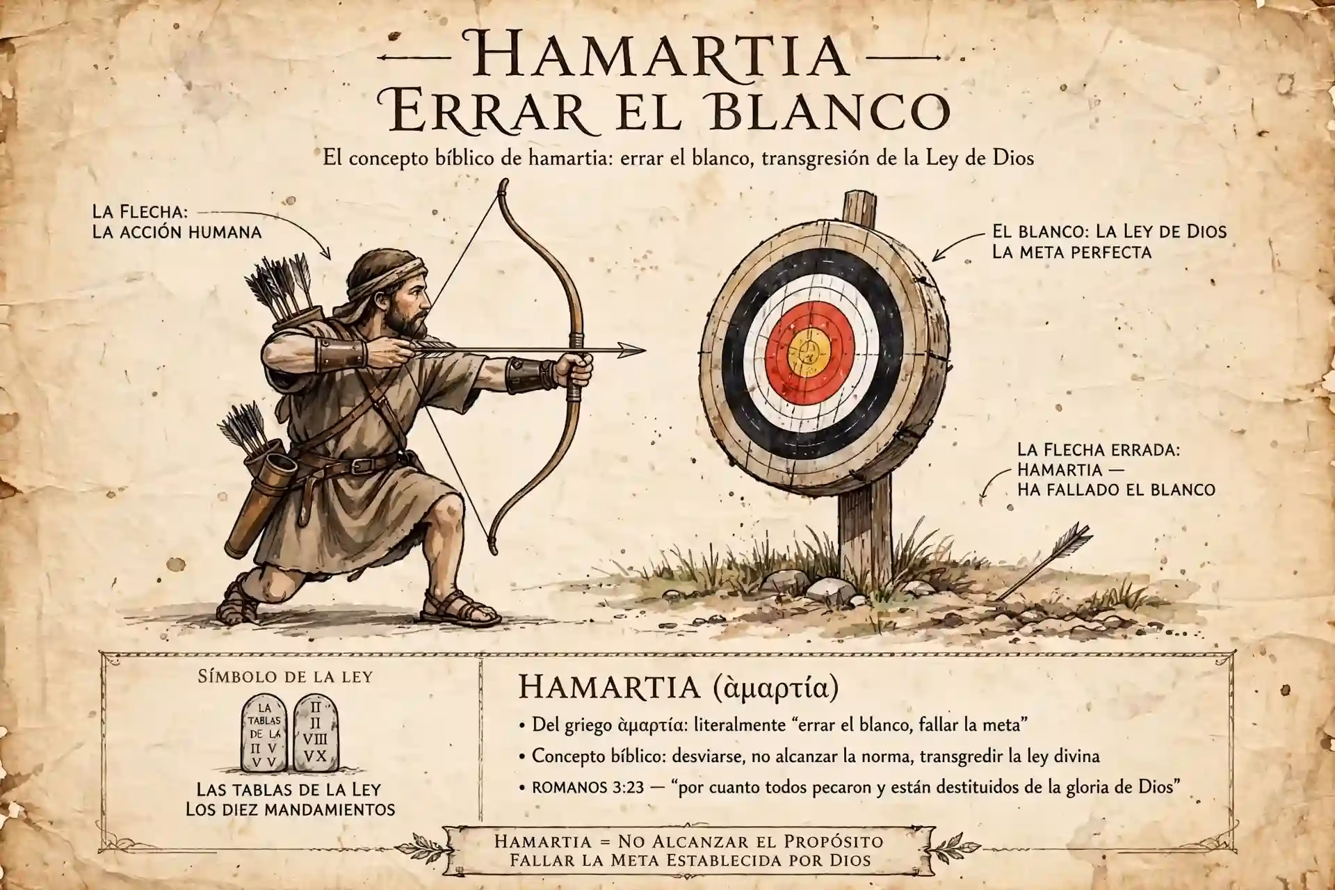 Concepto bíblico de hamartía, errar el blanco, una flecha que falla el centro de la diana como símbolo de transgresión